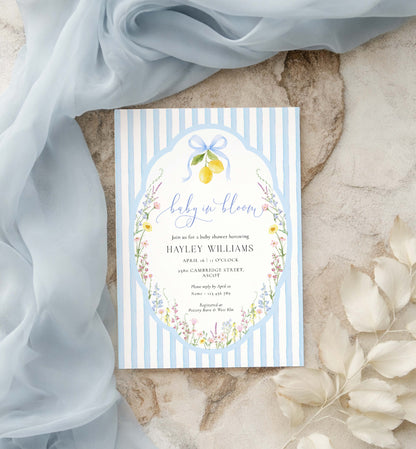 Baby shower invitation with lemon design on a striped background. Printable Baby In Bloom Shower Invitation, Blue Bow, Spring Wildflower Floral, Boy Baby Shower Invite, Posey