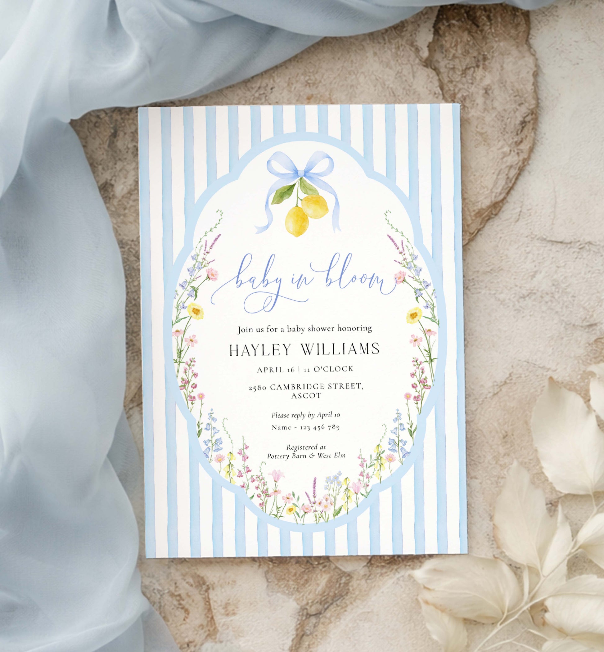 Baby shower invitation with floral design and lemon illustrations on a striped background. Printable Baby In Bloom Shower Invitation, Blue Bow, Spring Wildflower Floral, Boy Baby Shower Invite, Posey