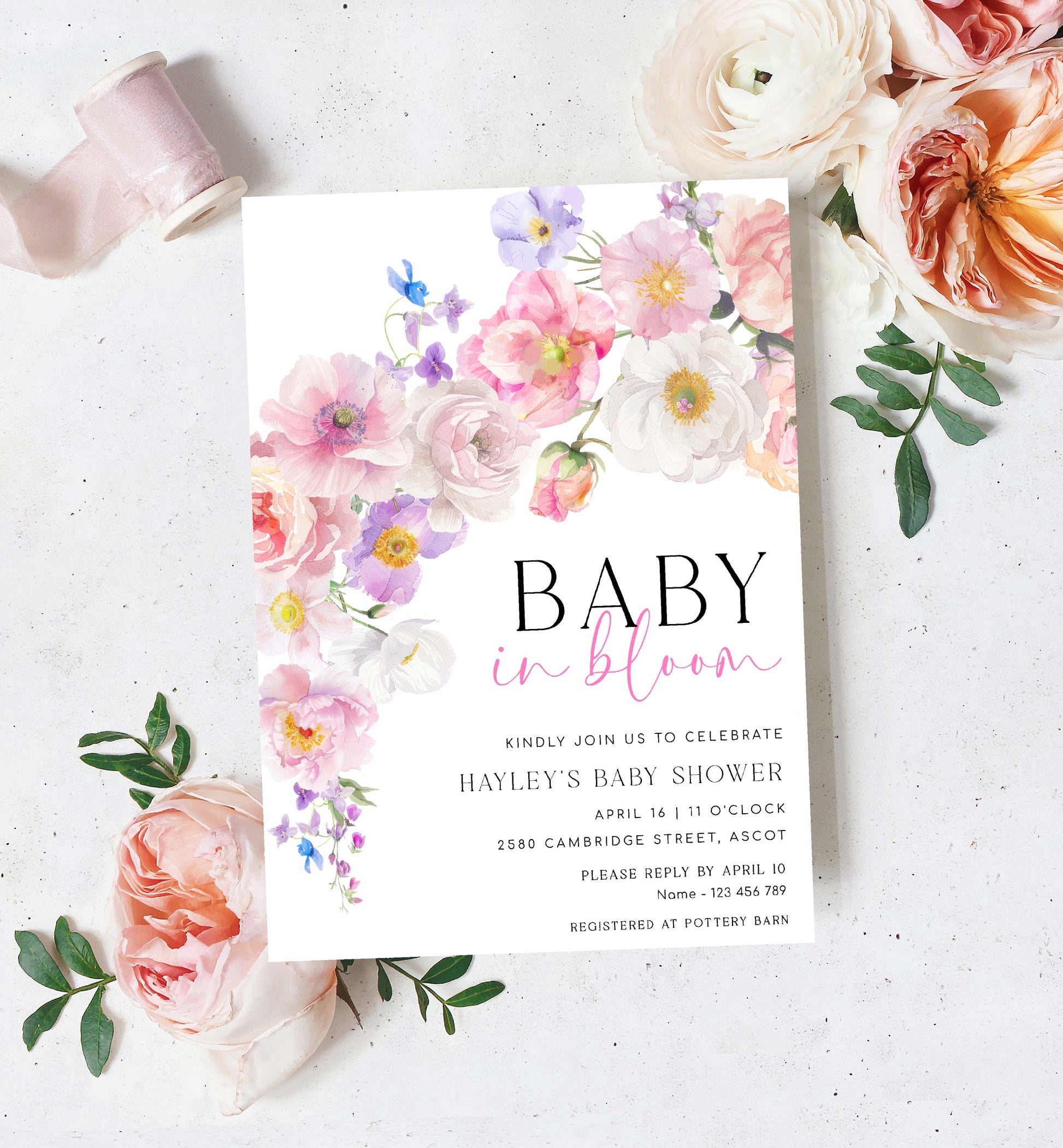 Printable Baby In Bloom Invitation Template, Pink Spring Wildflowers Baby Shower Invitation, Spring Floral Girl Baby Shower Evite, Eloise