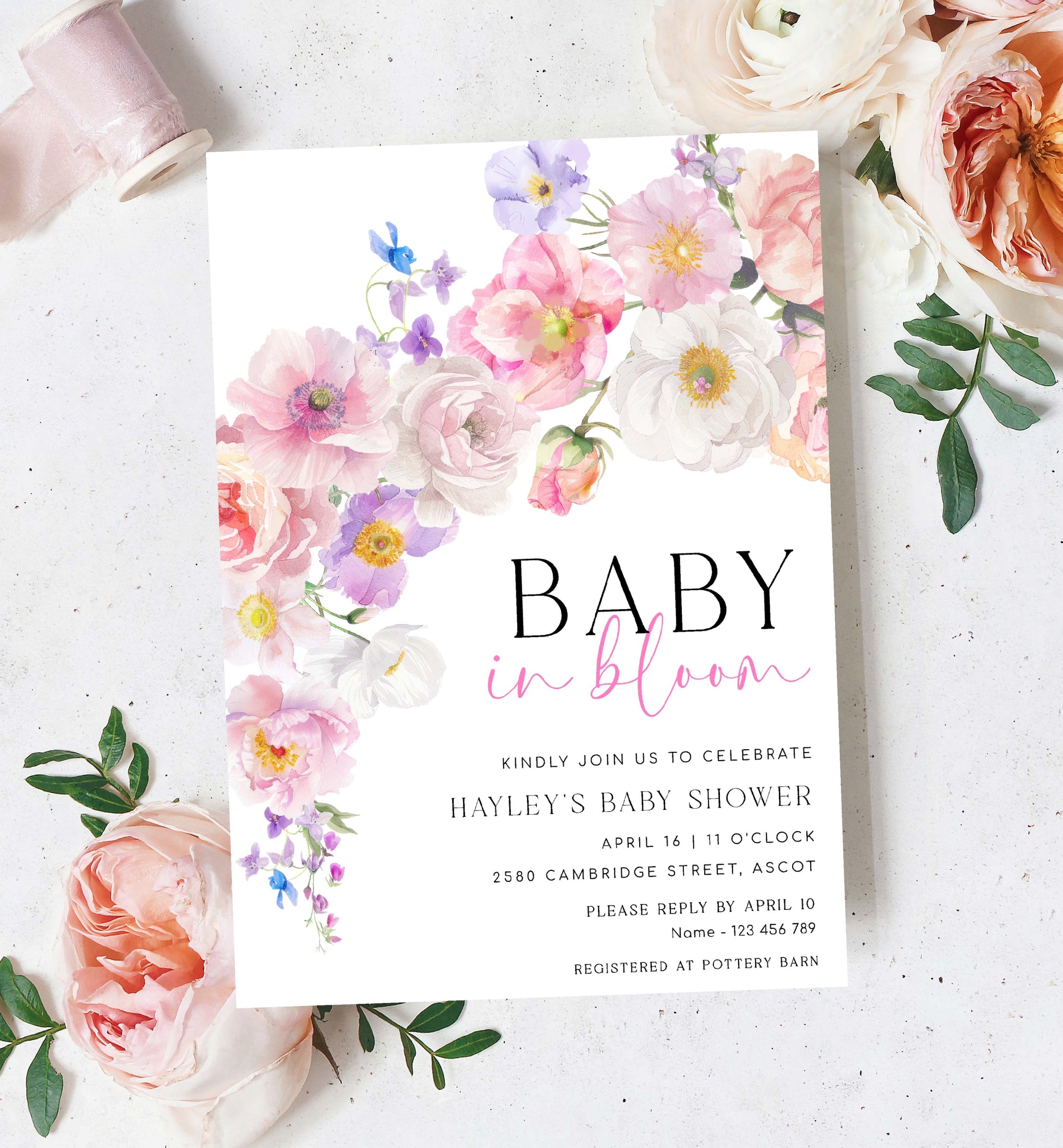 Printable Baby In Bloom Invitation Template, Pink Spring Wildflowers Baby Shower Invitation, Spring Floral Girl Baby Shower Evite, Eloise