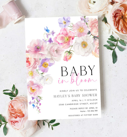 Printable Baby In Bloom Invitation Template, Pink Spring Wildflowers Baby Shower Invitation, Spring Floral Girl Baby Shower Evite, Eloise