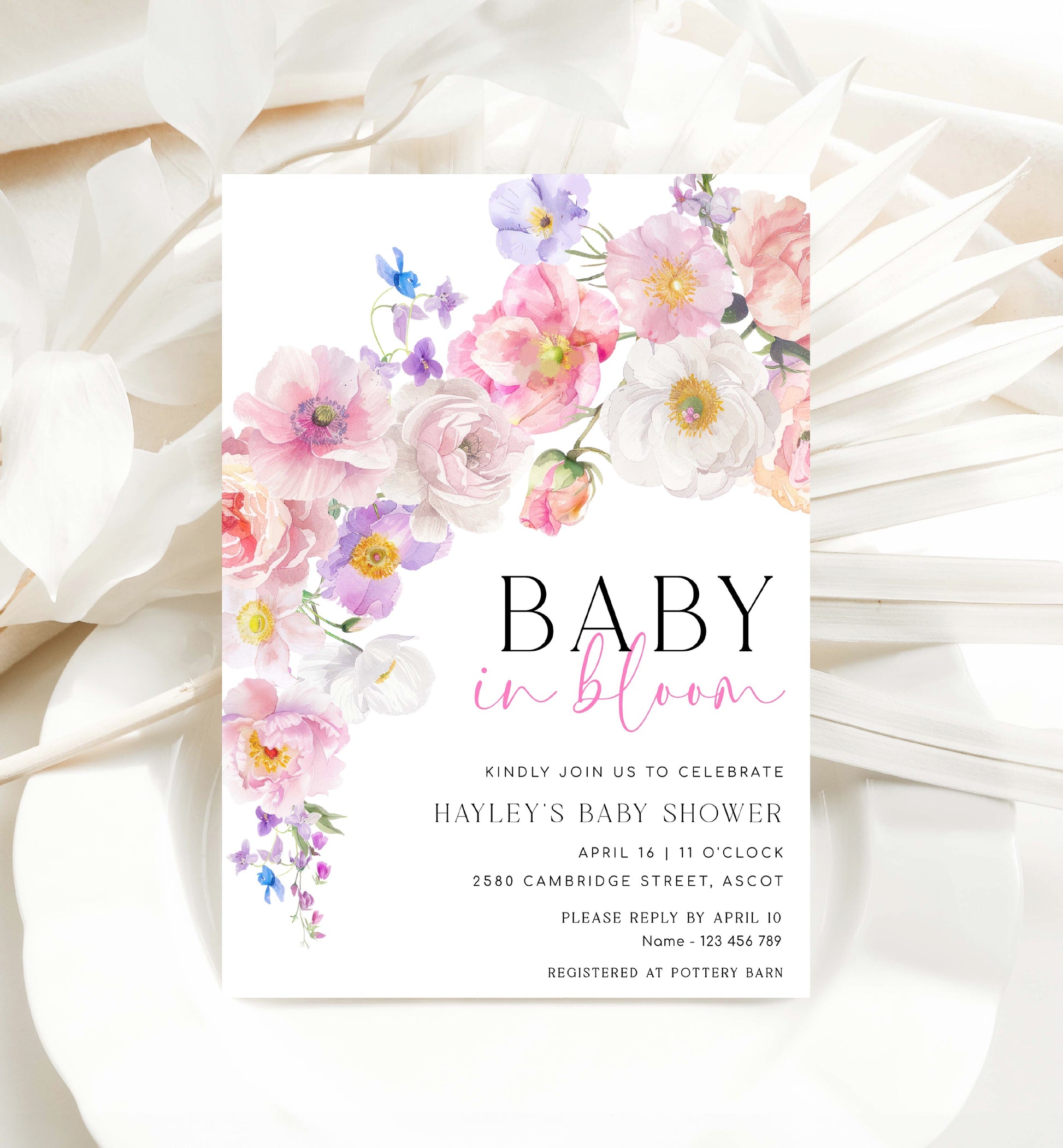 Printable Baby In Bloom Invitation Template, Pink Spring Wildflowers Baby Shower Invitation, Spring Floral Girl Baby Shower Evite, Eloise
