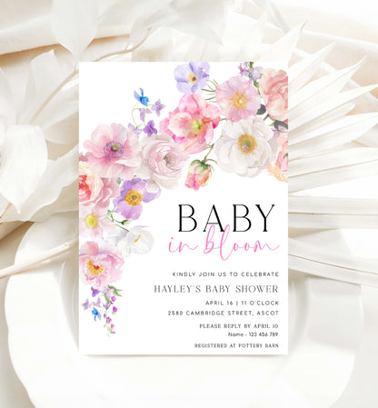 Printable Baby In Bloom Invitation Template, Pink Spring Wildflowers Baby Shower Invitation, Spring Floral Girl Baby Shower Evite, Eloise