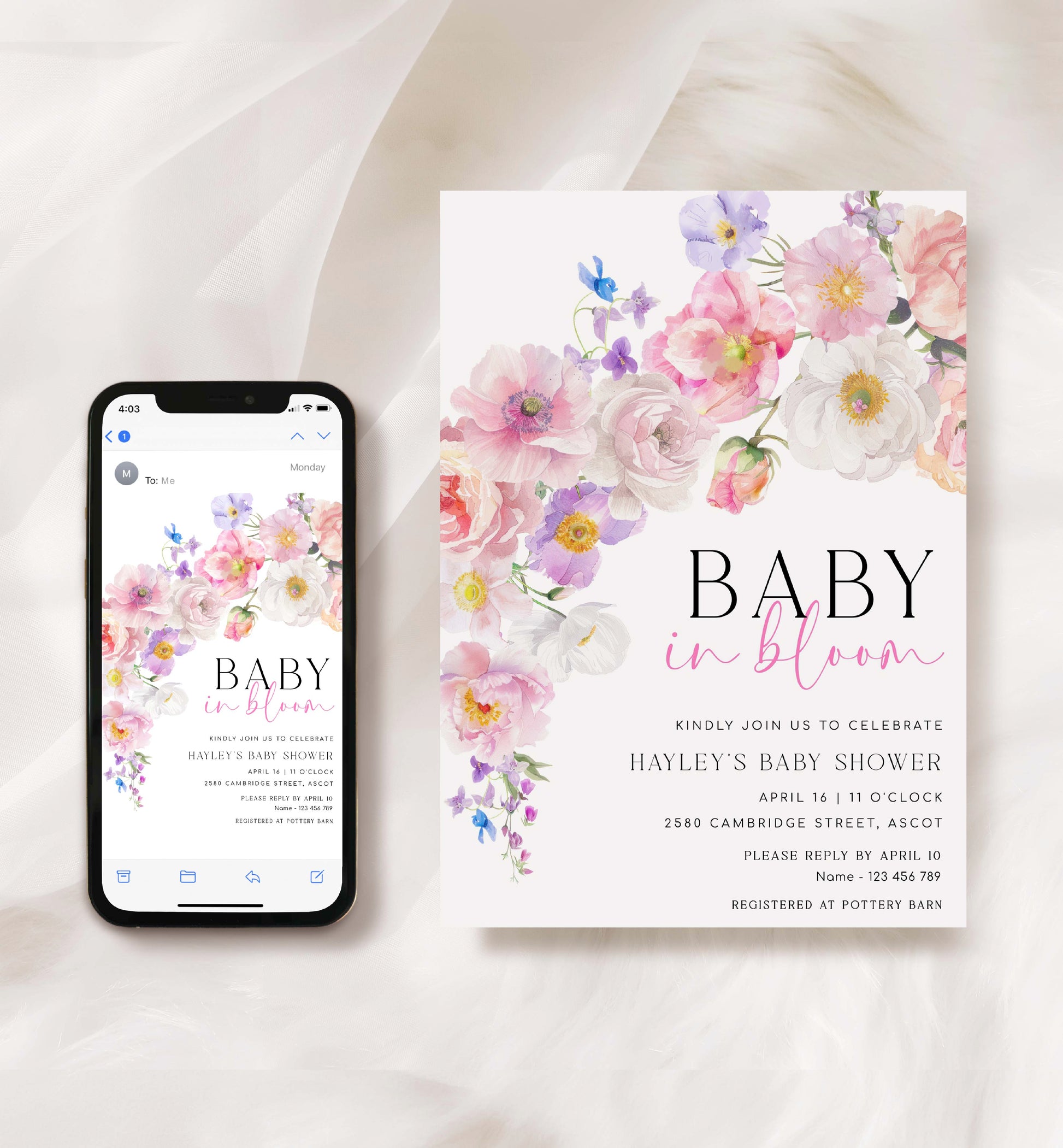 Printable Baby In Bloom Invitation Template, Pink Spring Wildflowers Baby Shower Invitation, Spring Floral Girl Baby Shower Evite, Eloise