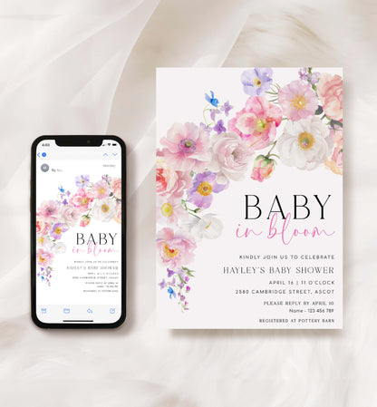 Printable Baby In Bloom Invitation Template, Pink Spring Wildflowers Baby Shower Invitation, Spring Floral Girl Baby Shower Evite, Eloise
