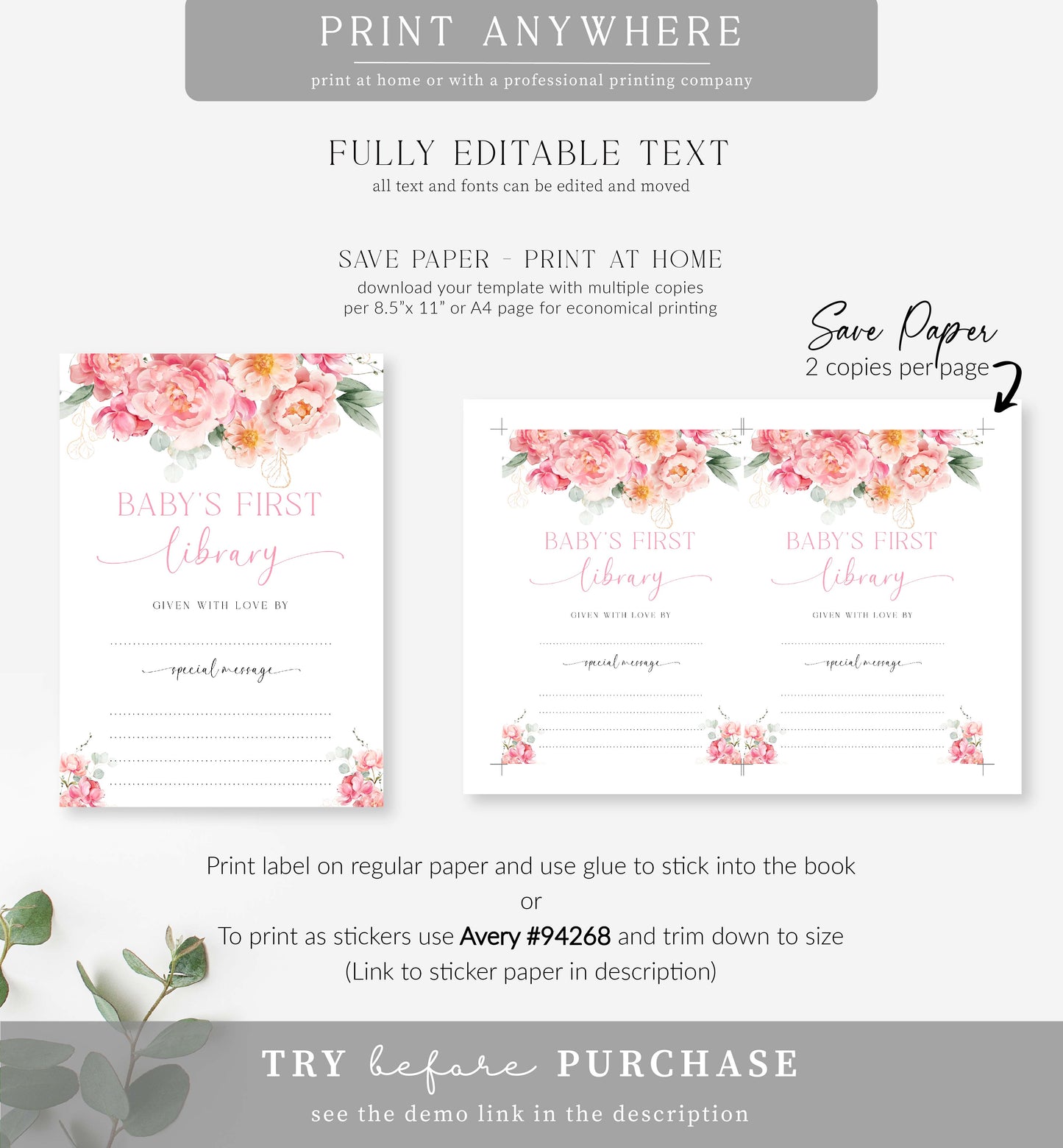 Piper Floral White | Printable Bookplate Label Template