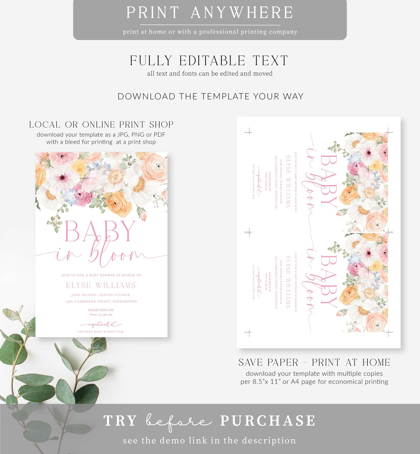 Millie Floral White | Printable Baby In Bloom Shower Invitation Suite Template