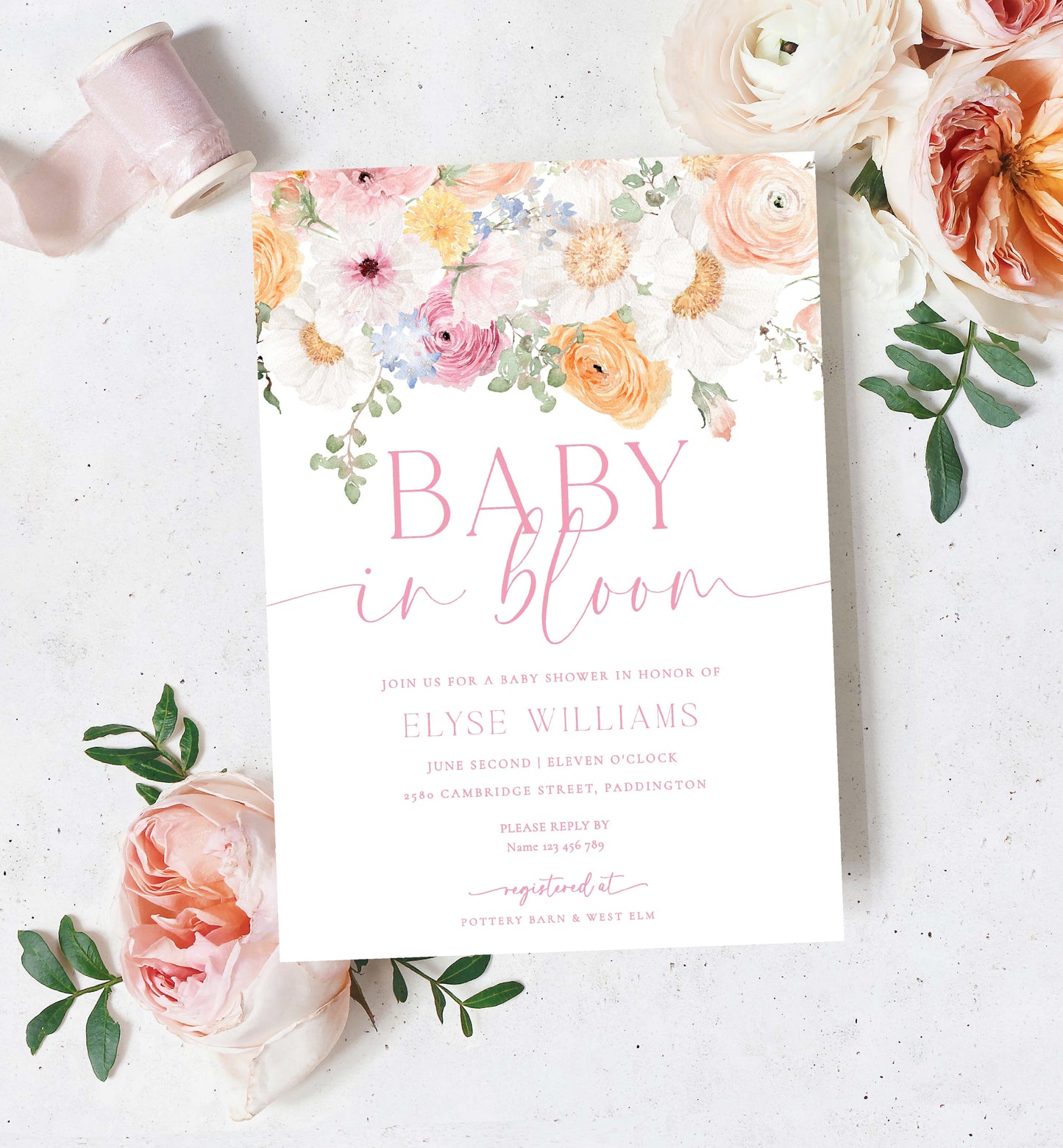 Printable Baby In Bloom Baby Shower Invitation, Diaper Raffle Ticket, Book Request, Gender Neutral Baby Shower, Spring Wildflower, Millie