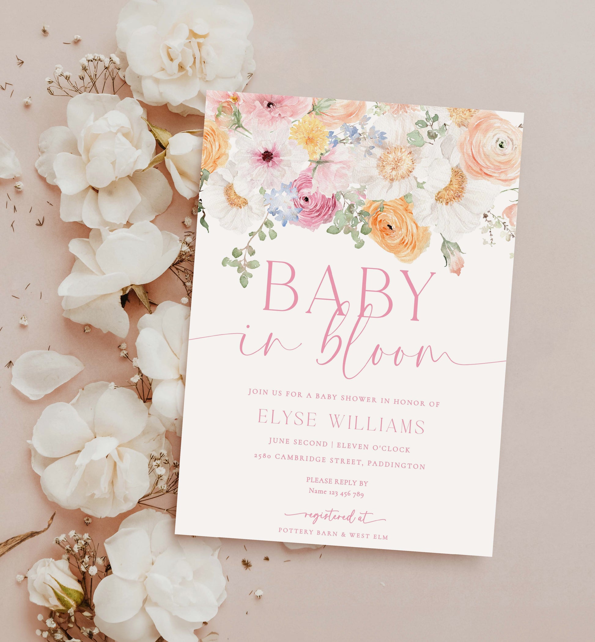 Printable Baby In Bloom Baby Shower Invitation, Diaper Raffle Ticket, Book Request, Gender Neutral Baby Shower, Spring Wildflower, Millie