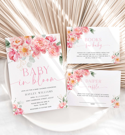 Printable Baby In Bloom Invitation, Book Request, Raffle Ticket, Thank You Card, Hot Pink Peony, Spring Floral Girl Baby Shower Evite, Piper