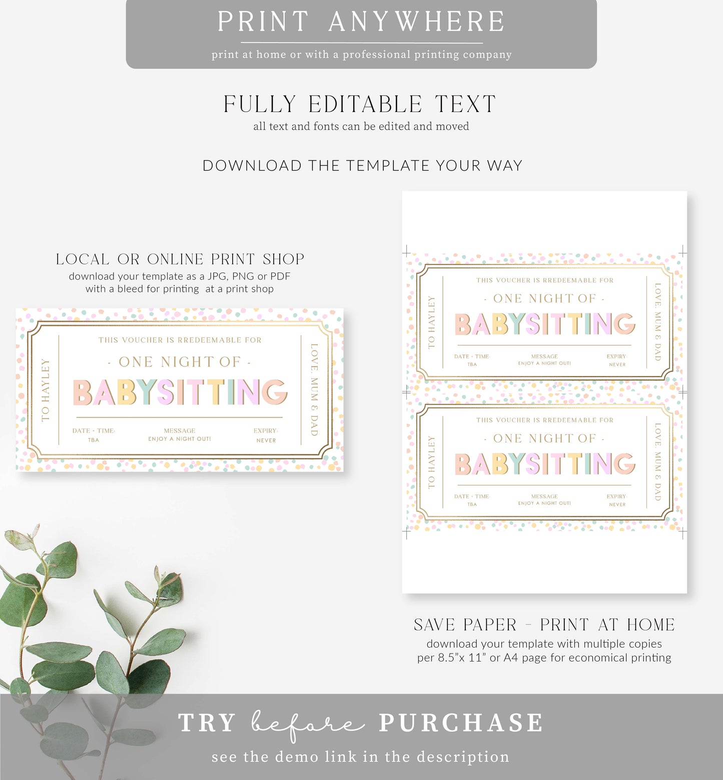 Dot Pastel | Printable Babysitting Gift Voucher Template