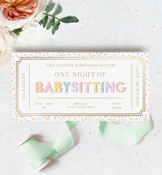 Babysitting Gift Voucher Template, Printable Babysitting Gift Certificate, Babysitting Coupon, Childminding Date Night Voucher, Pastel Dot