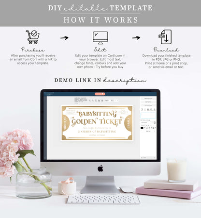 Golden Ticket Gold | Printable Babysitting Custom Gift Voucher Template