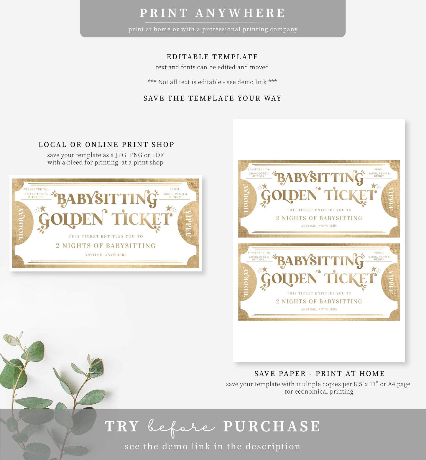 Golden Ticket Gold | Printable Babysitting Custom Gift Voucher Template