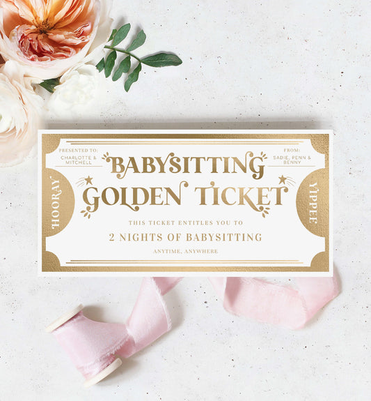 Golden Ticket Gold | Printable Babysitting Custom Gift Voucher Template