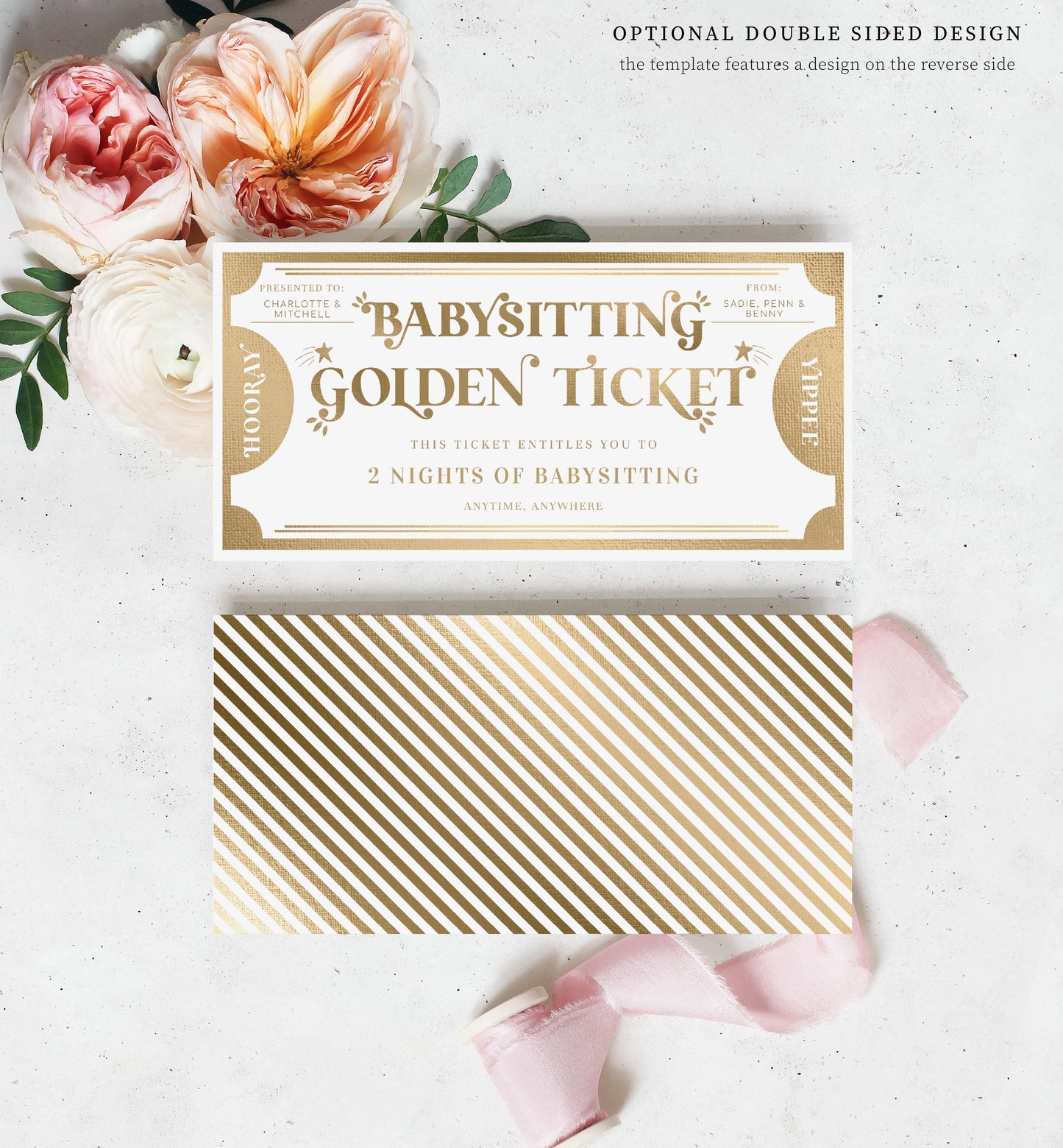 Golden Ticket Gold | Printable Babysitting Custom Gift Voucher Template