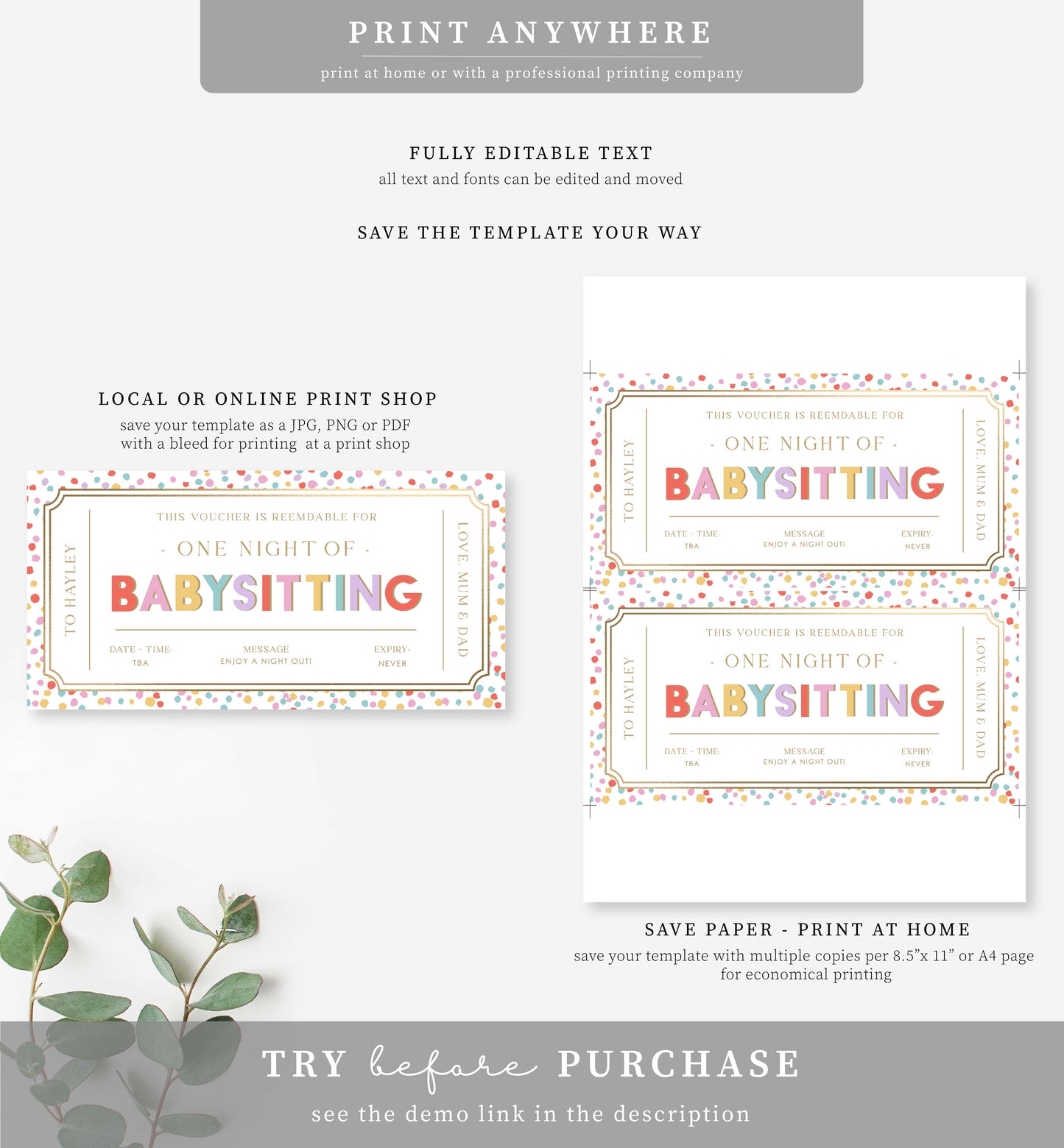 Dot Multi | Printable Babysitting Gift Voucher Template