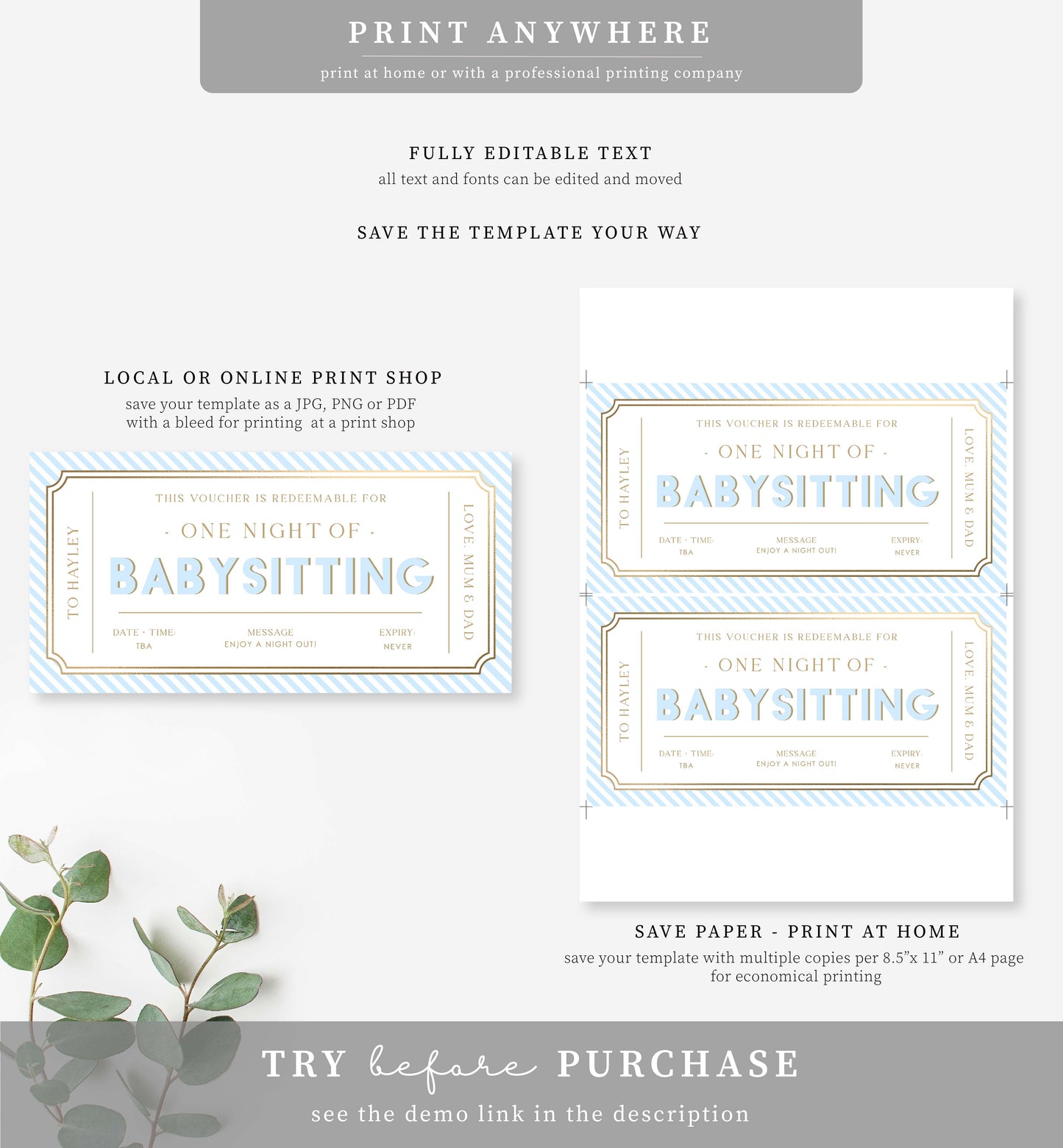 Stripe Blue | Printable Babysitting Gift Voucher Template