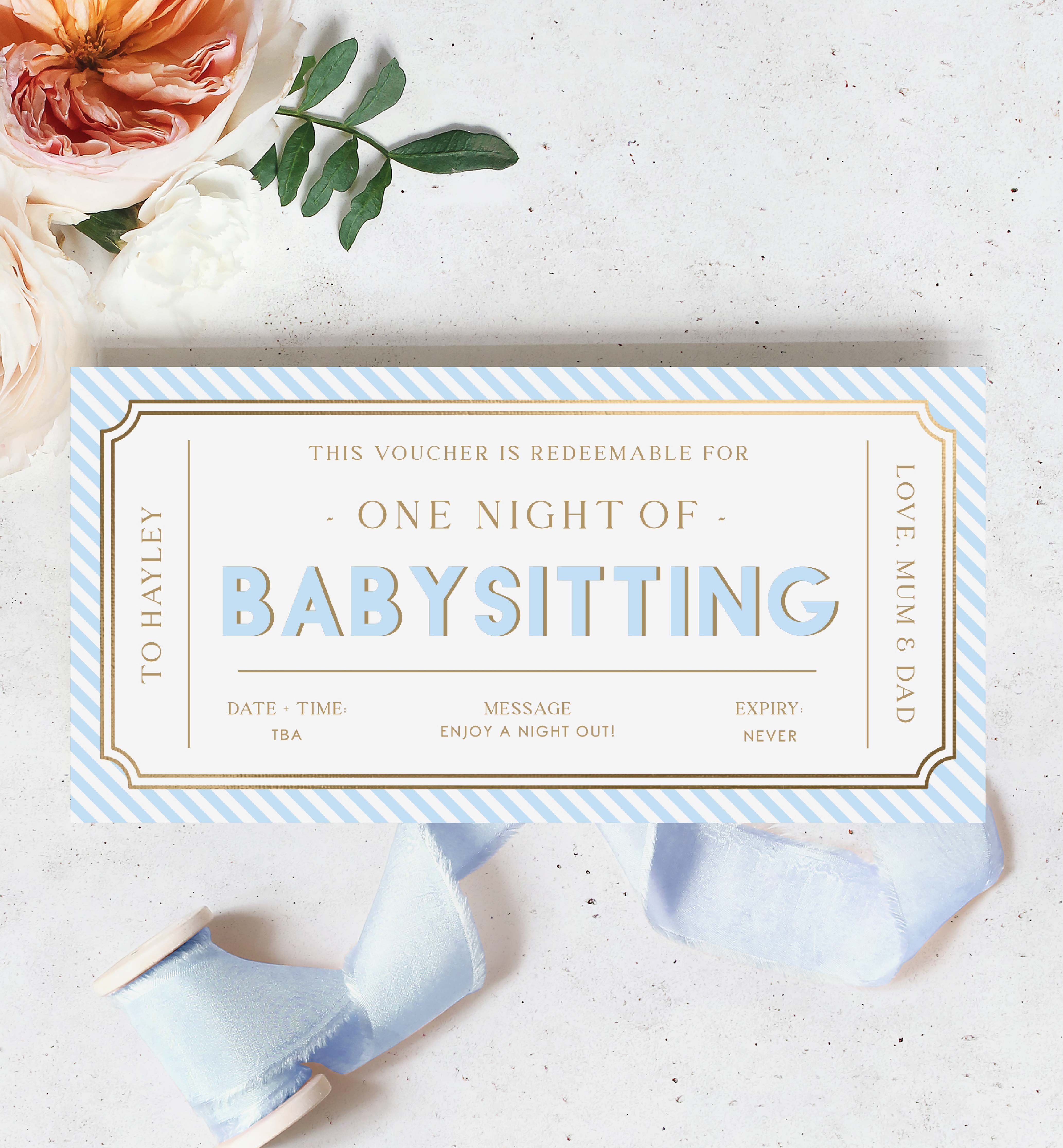 stripe blue | printable babysitting gift voucher template – black