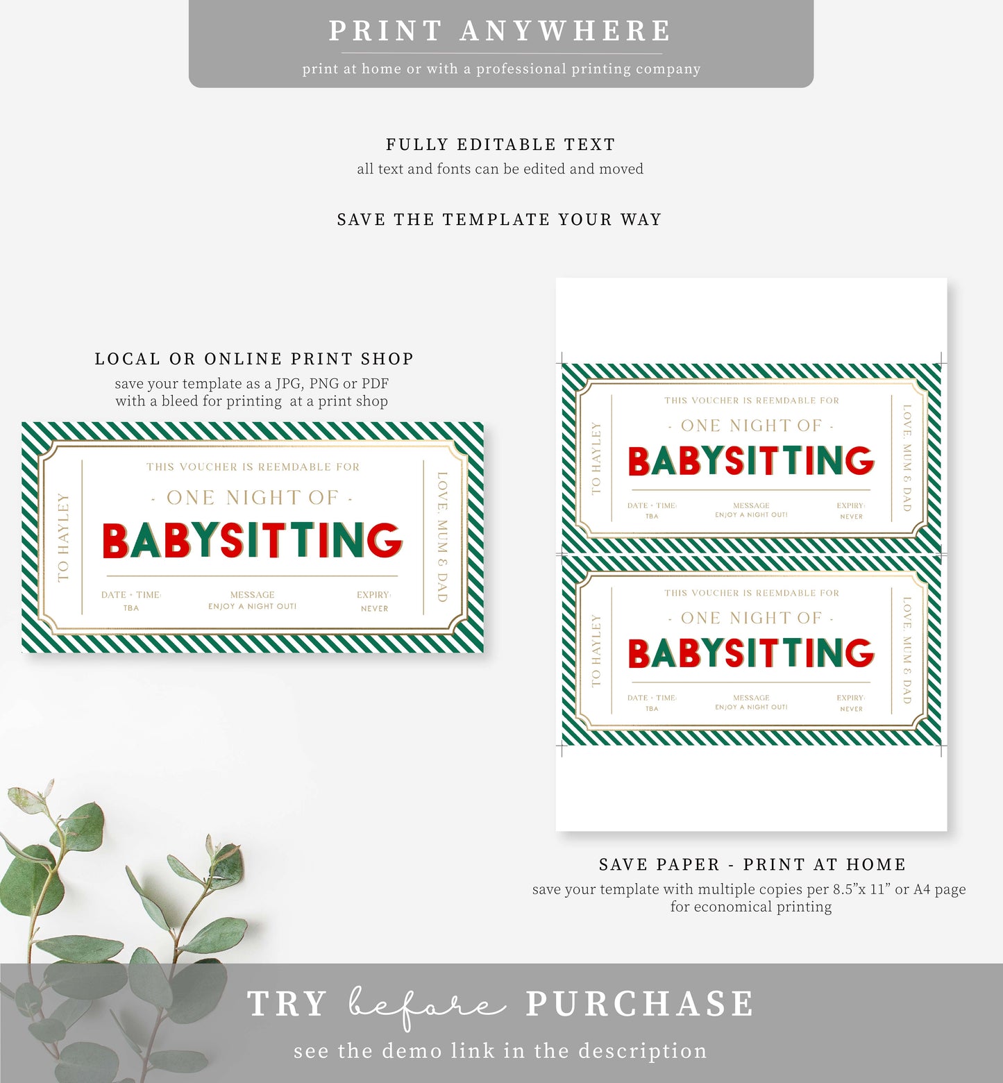 Stripe Green Red | Printable Babysitting Gift Voucher Template