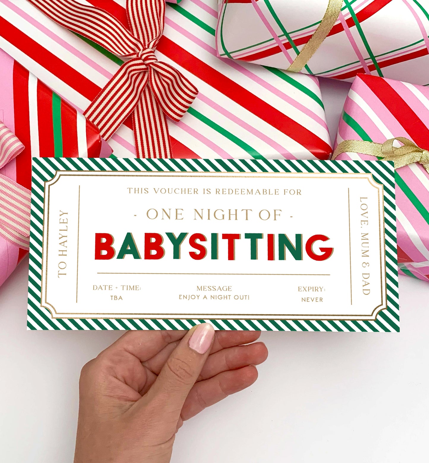 Printable Babysitting Gift Voucher Template, Christmas Childminding Gift Certificate, Childminding Date Night Voucher, Present Coupon Stripe