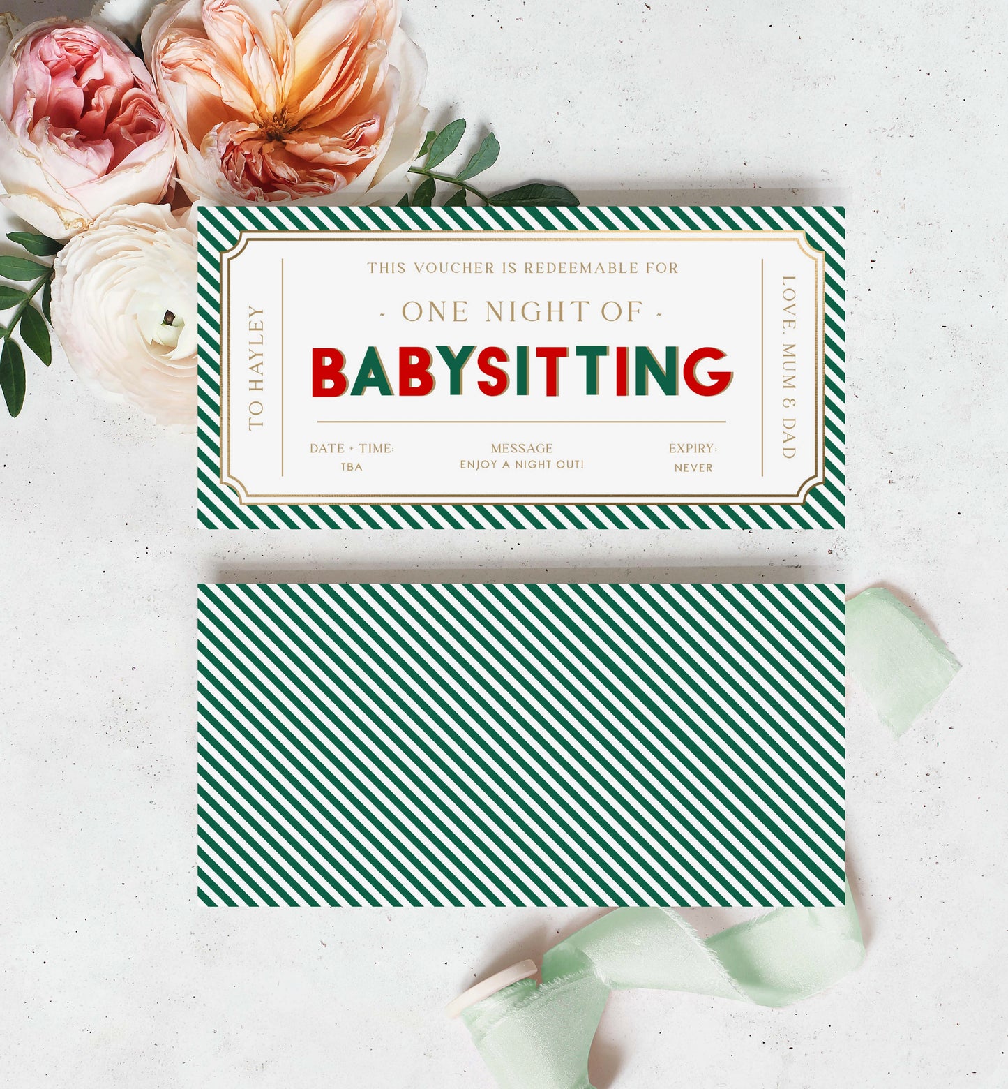 Printable Babysitting Gift Voucher Template, Christmas Childminding Gift Certificate, Childminding Date Night Voucher, Present Coupon Stripe