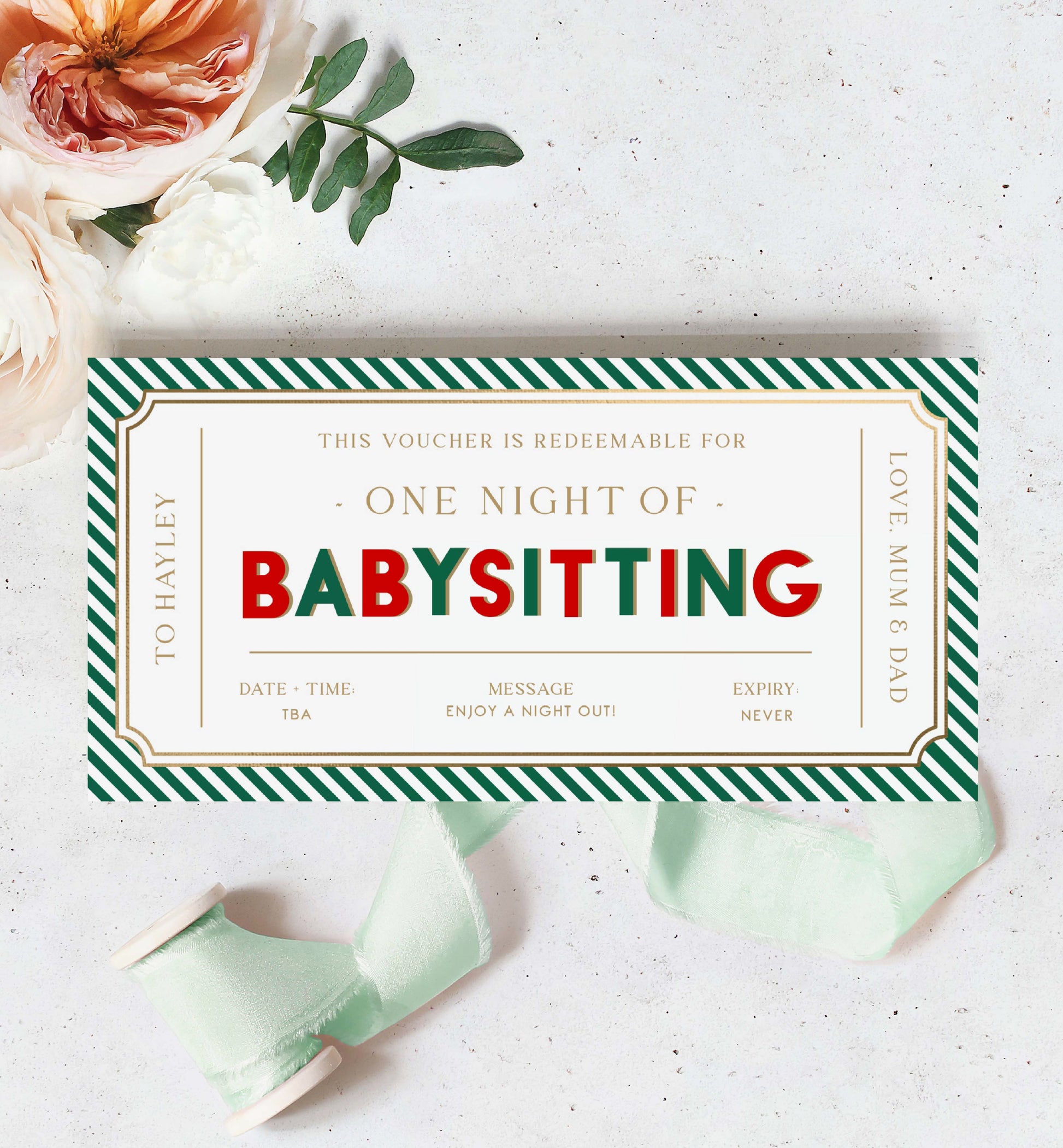 Printable Babysitting Gift Voucher Template, Christmas Childminding Gift Certificate, Childminding Date Night Voucher, Present Coupon Stripe