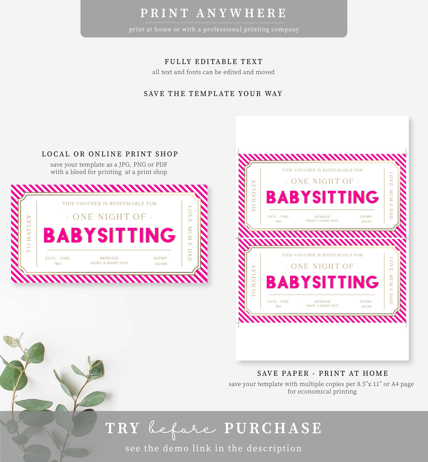 Stripe Hot Pink | Printable Babysitting Gift Voucher Template