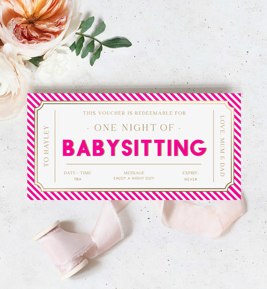Printable Babysitting Gift Voucher Template, Birthday Childminding Gift Certificate, Childminding Date Night Voucher, Hot Pink Stripe
