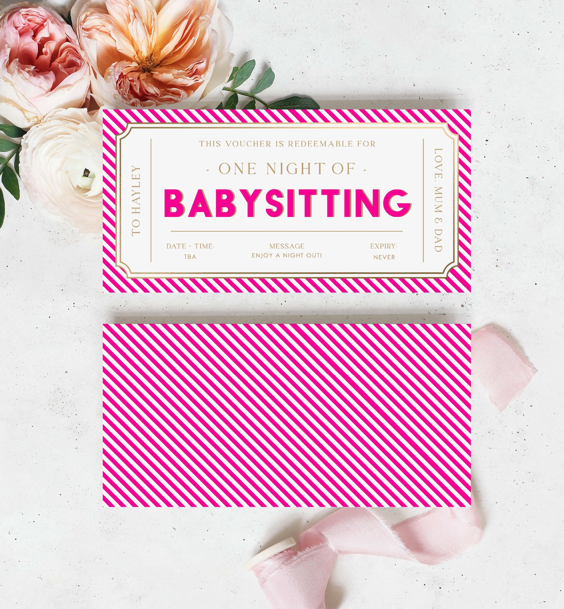 Printable Babysitting Gift Voucher Template, Birthday Childminding Gift Certificate, Childminding Date Night Voucher, Hot Pink Stripe