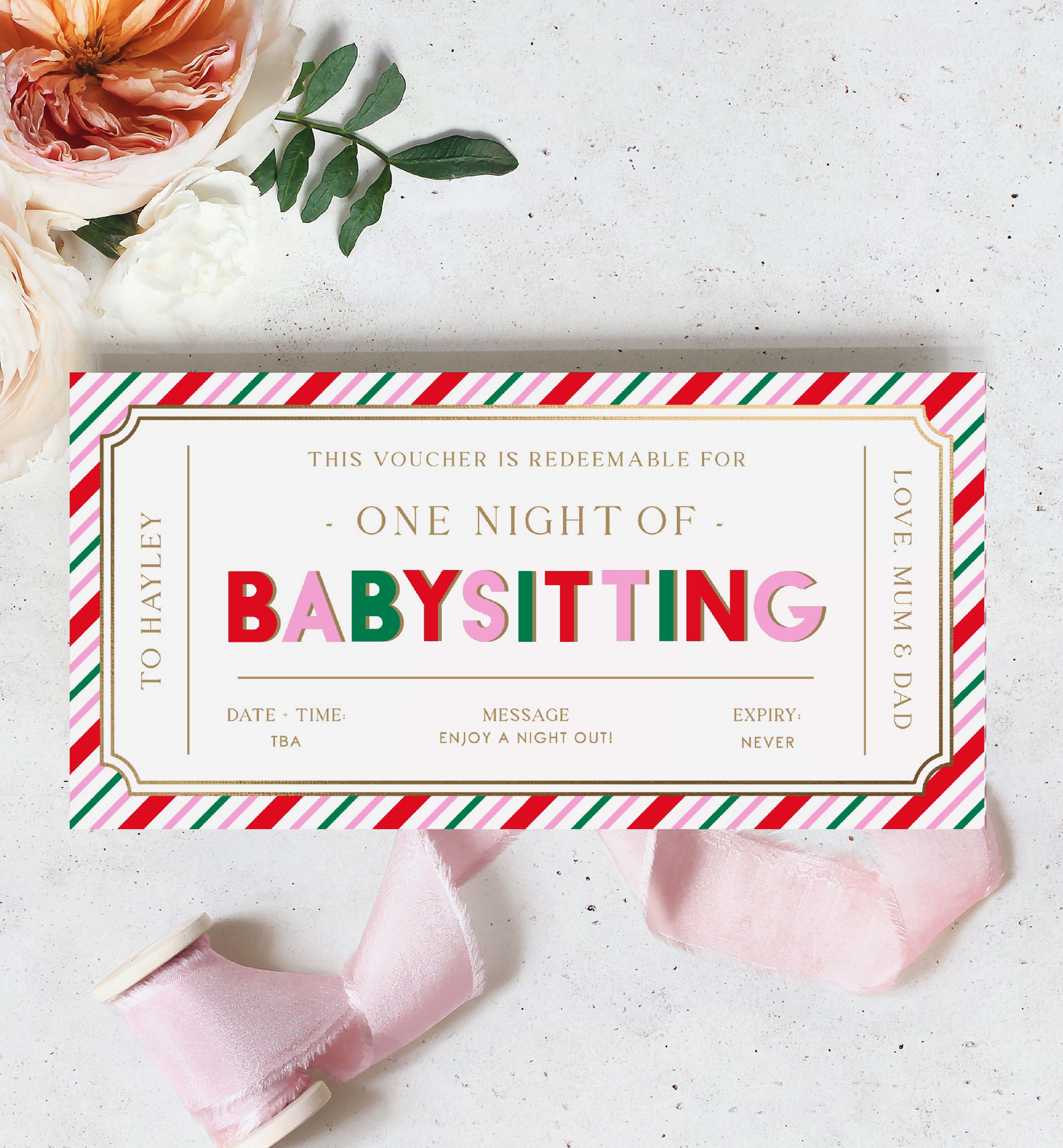 Stripe Pink Multi Printable Babysitting Gift Voucher Template Black