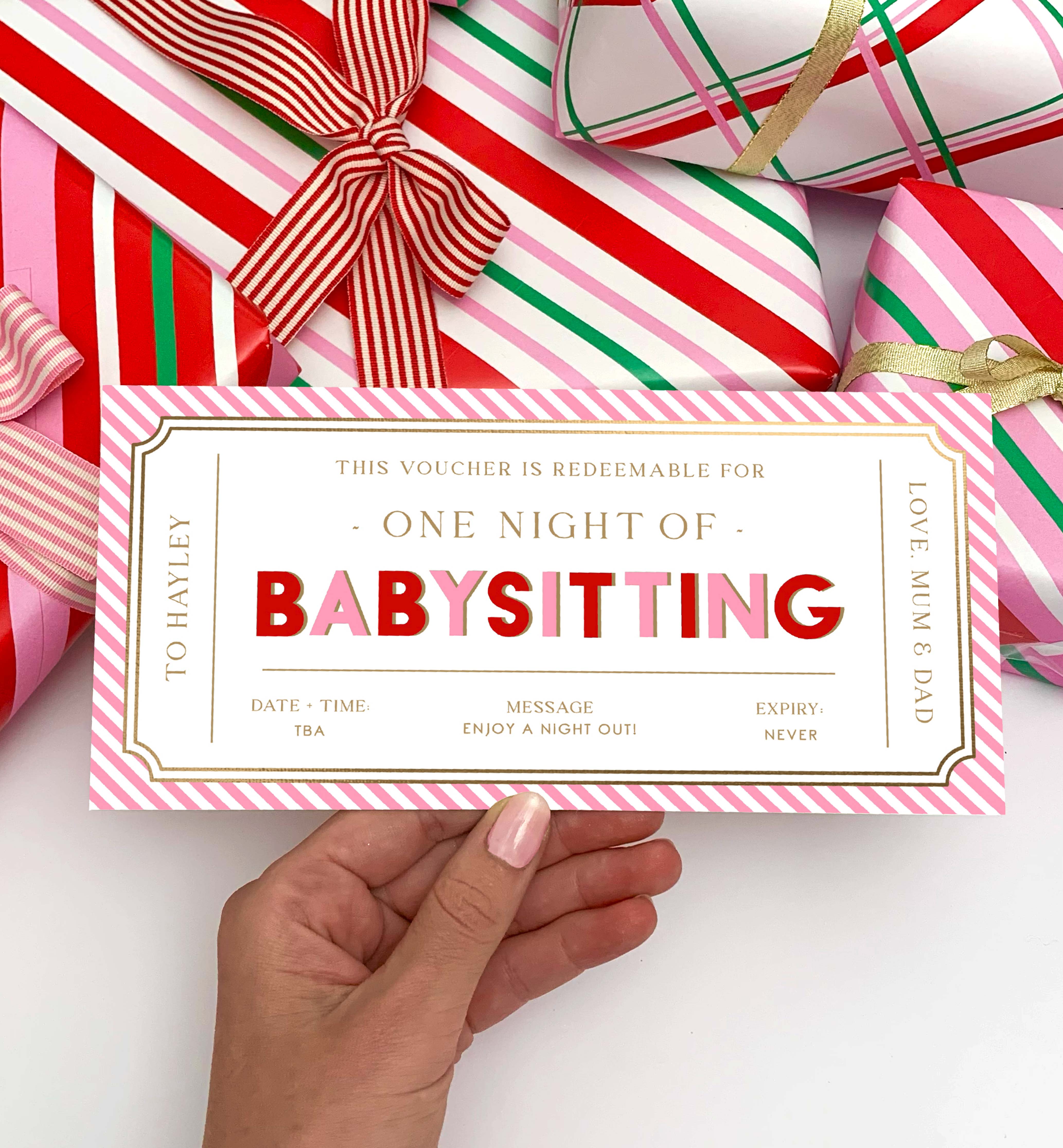 Stripe Pink Red Printable Babysitting Gift Voucher Template Black Stripe Pink Red Printable Babysitting Gift Voucher Template Black