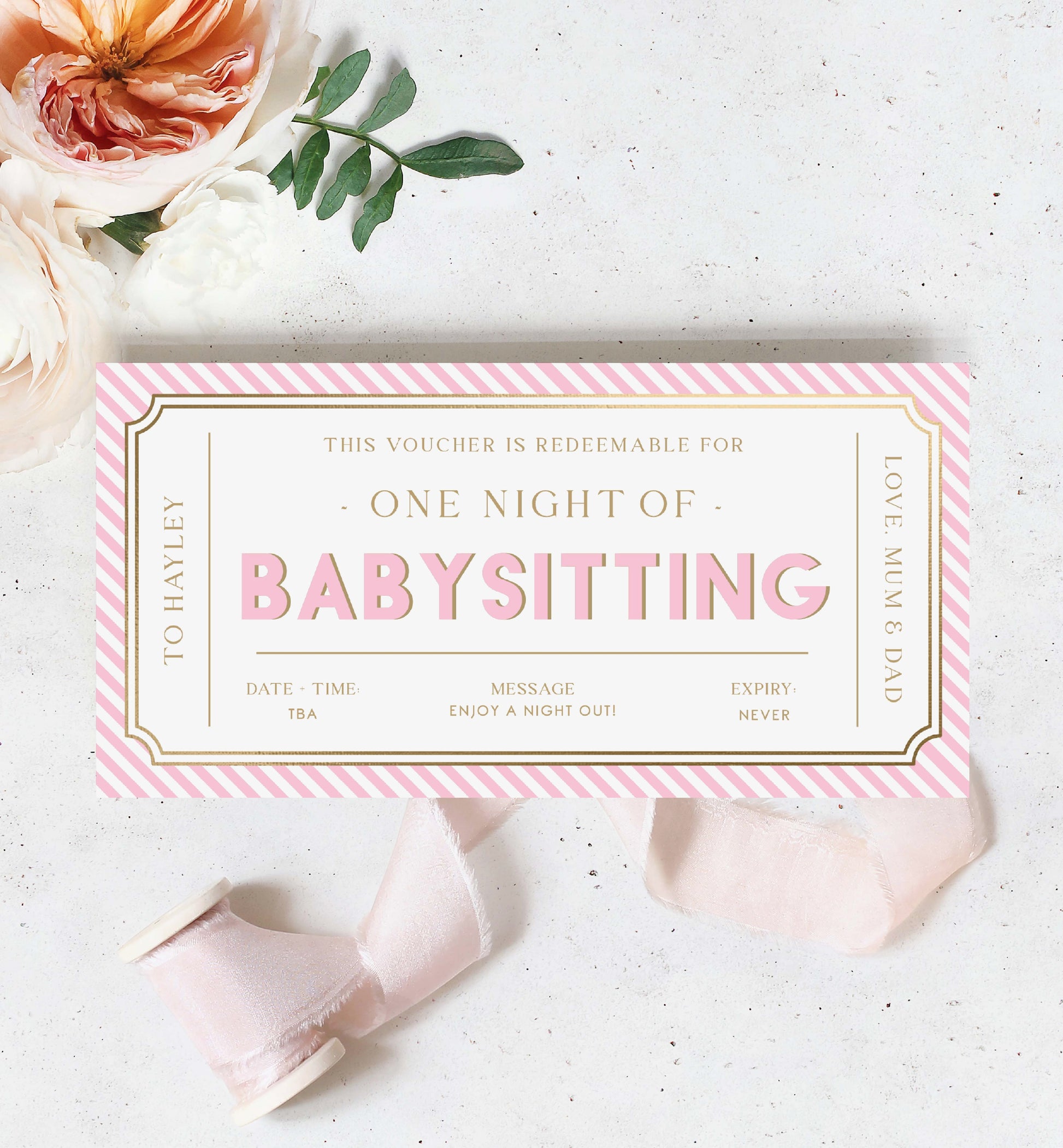 Printable Babysitting Gift Voucher Template, Birthday Childminding Gift Certificate, Childminding Date Night Voucher, Pink Stripe