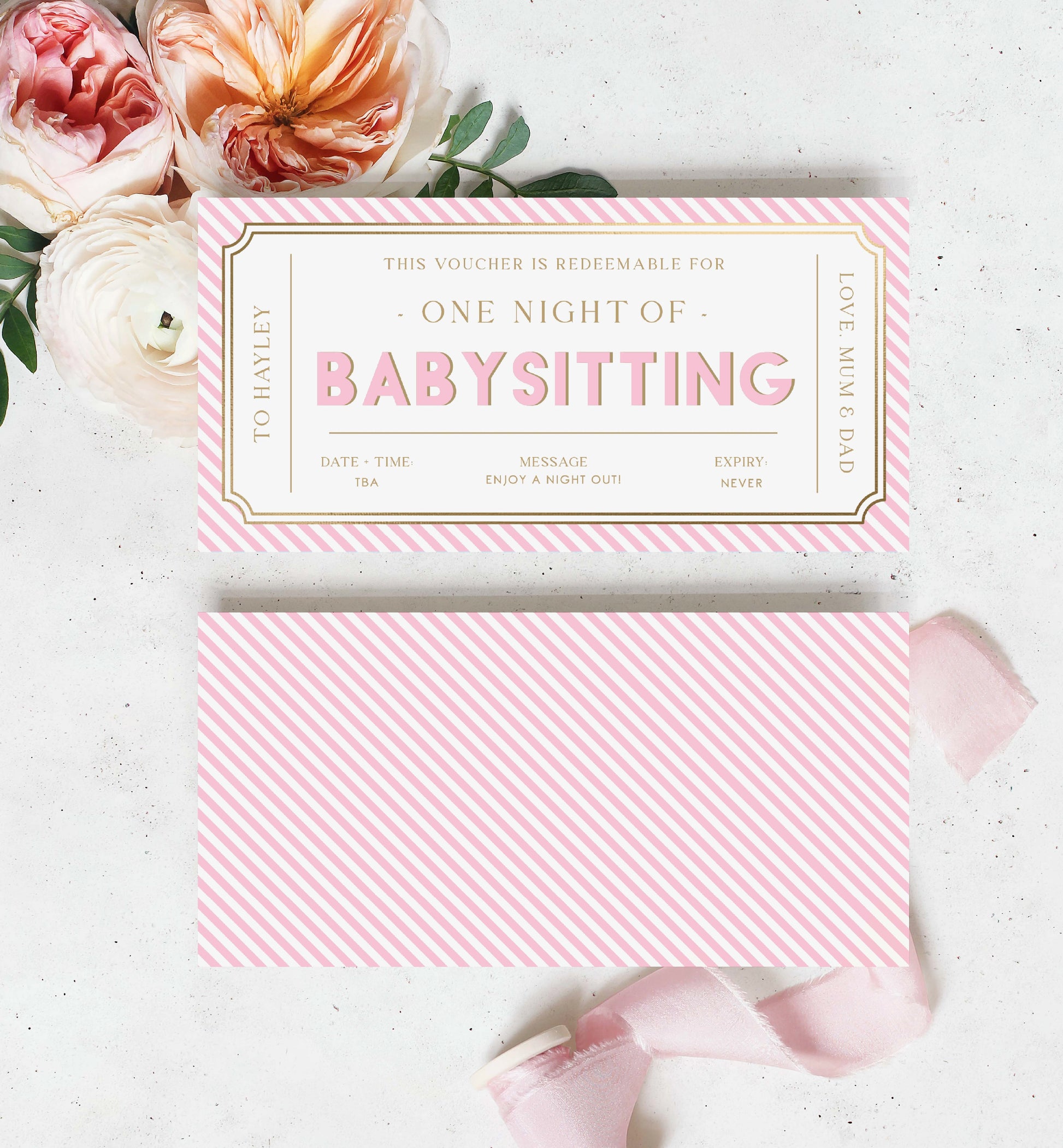 Printable Babysitting Gift Voucher Template, Birthday Childminding Gift Certificate, Childminding Date Night Voucher, Pink Stripe