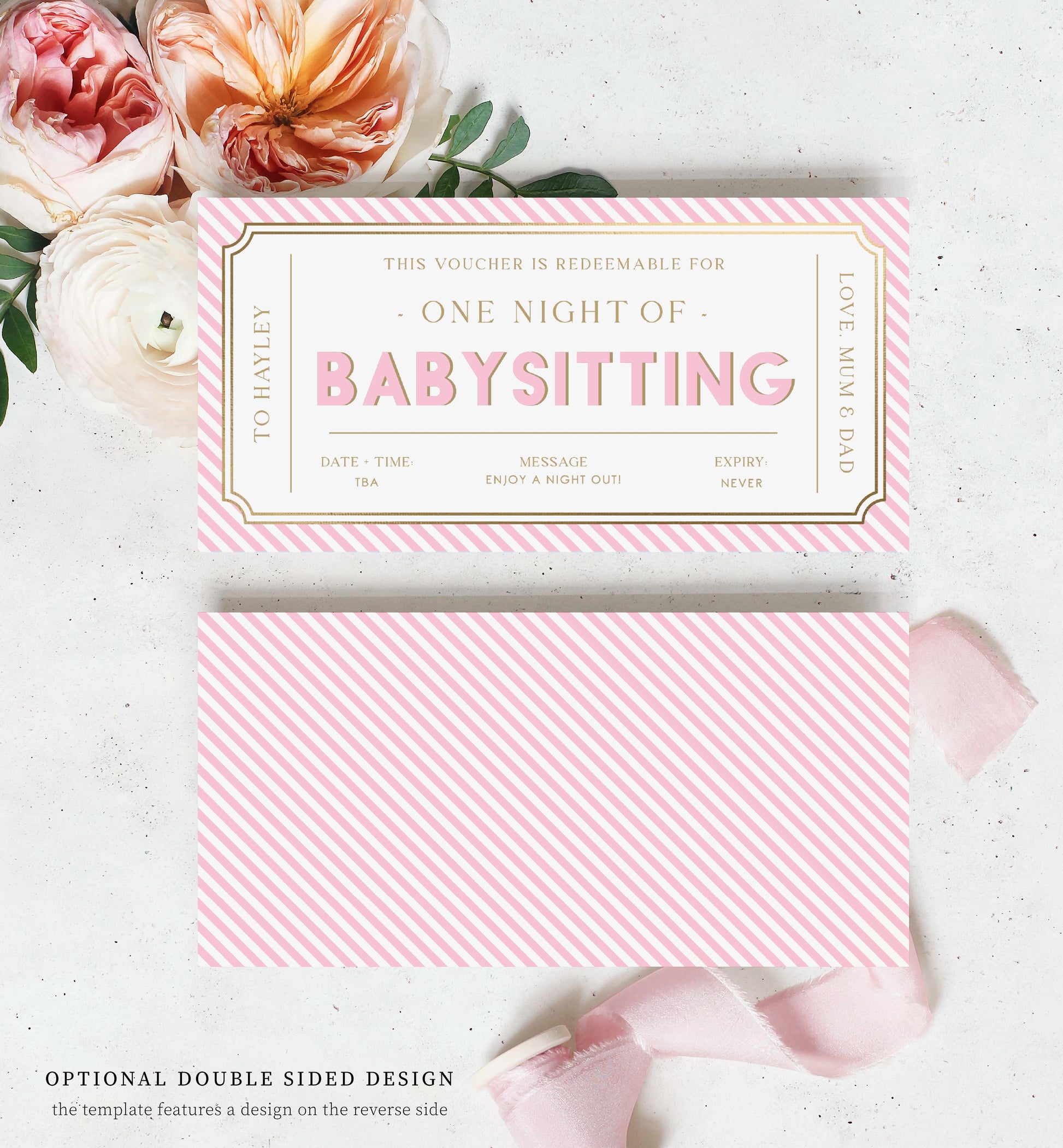 Printable Babysitting Gift Voucher Template, Birthday Childminding Gift Certificate, Childminding Date Night Voucher, Pink Stripe