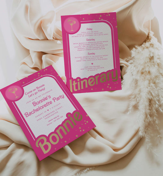 Barbie Party Hot Pink Gold | Printable Bachelorette Party Invitation and Itinerary Template