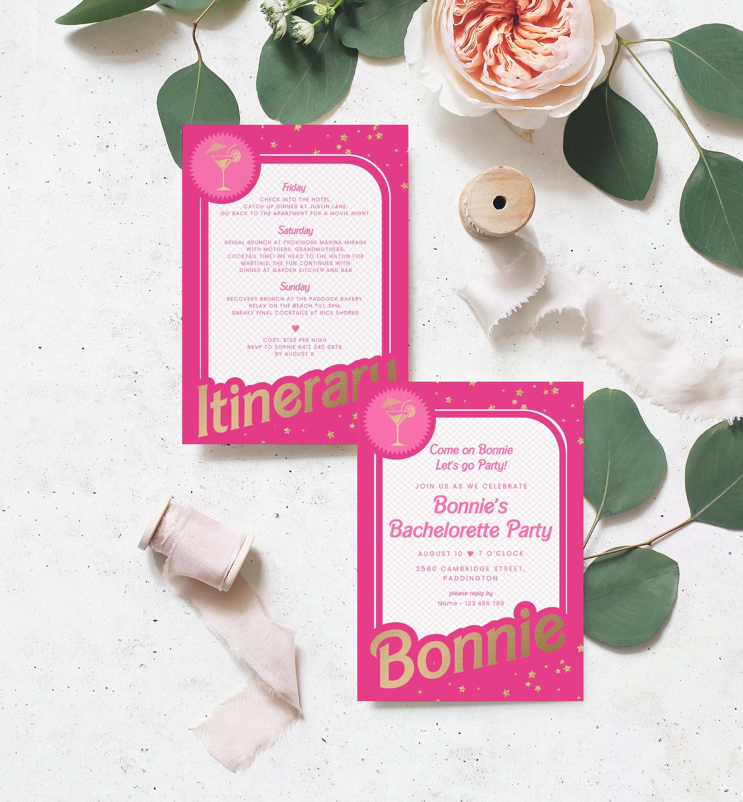 Barbie Party Hot Pink Gold | Printable Bachelorette Party Invitation and Itinerary Template