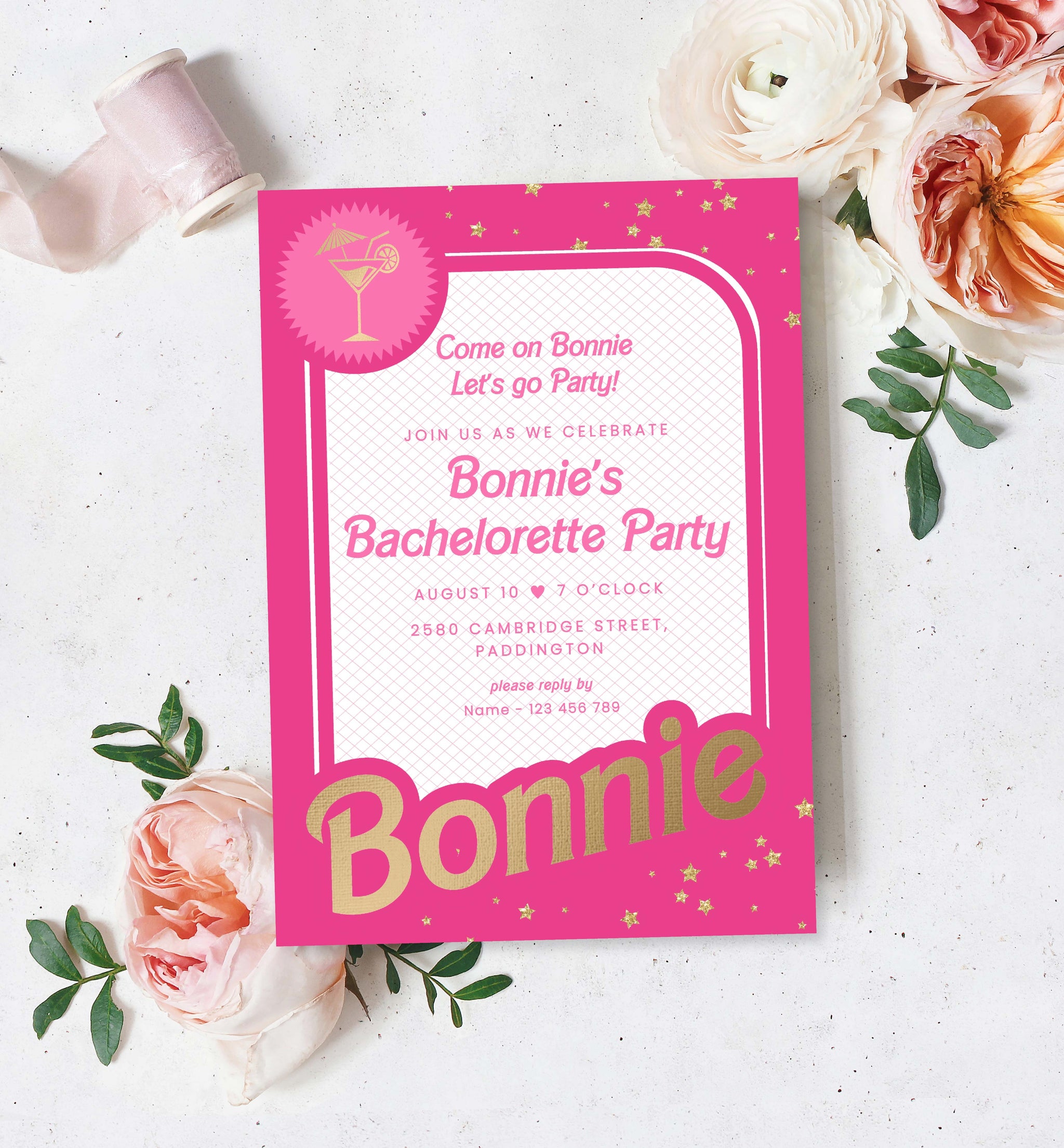 Barbie Party Hot Pink Gold Printable Bachelorette Party Invitation a Barbie Party Hot Pink Gold Printable Bachelorette Party Invitation a
