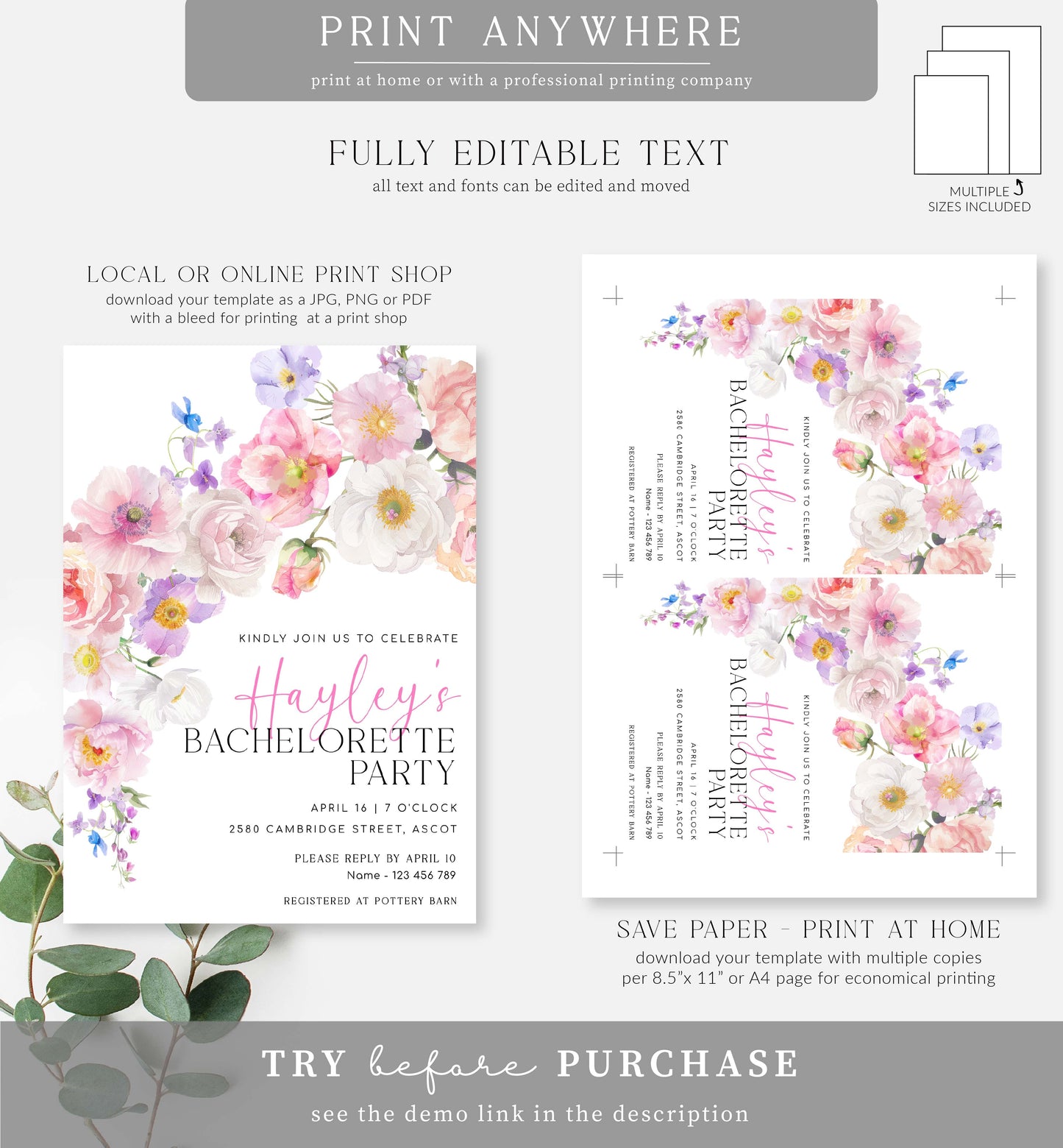 Eloise Floral | Printable Bachelorette Party Invitation Template