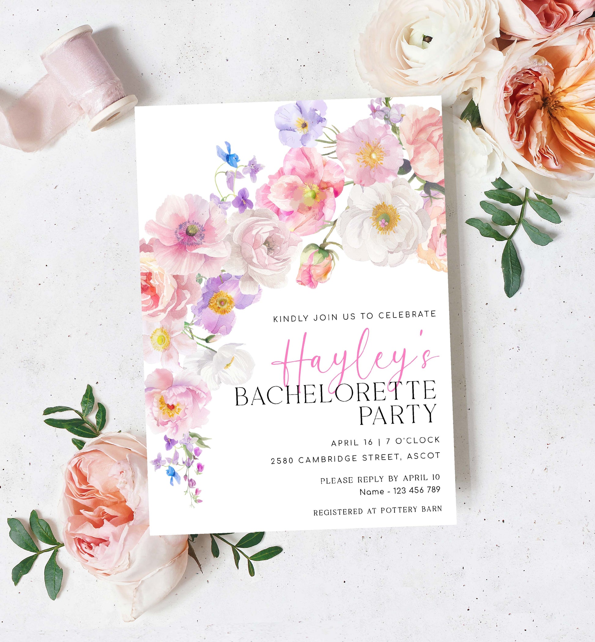 Bachelorette Party Invitation Template, Spring and Summer Wildflowers, Printable Blush Pink Spring Floral Bridal Shower Invite, Eloise