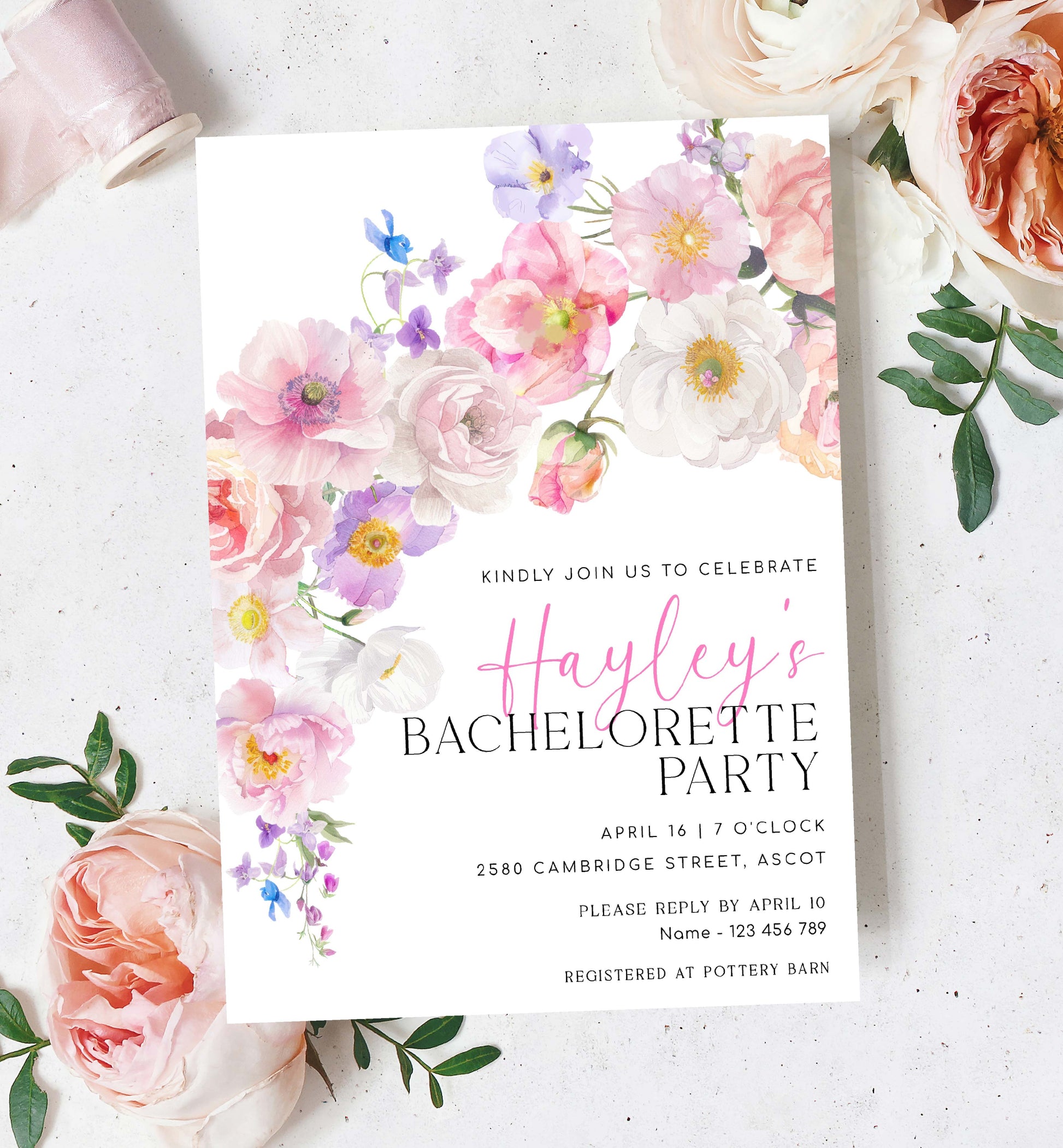 Bachelorette Party Invitation Template, Spring and Summer Wildflowers, Printable Blush Pink Spring Floral Bridal Shower Invite, Eloise
