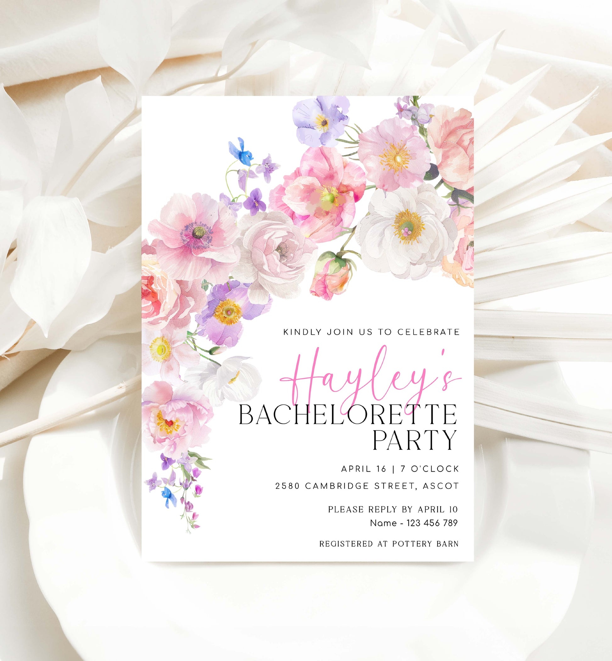 Bachelorette Party Invitation Template, Spring and Summer Wildflowers, Printable Blush Pink Spring Floral Bridal Shower Invite, Eloise