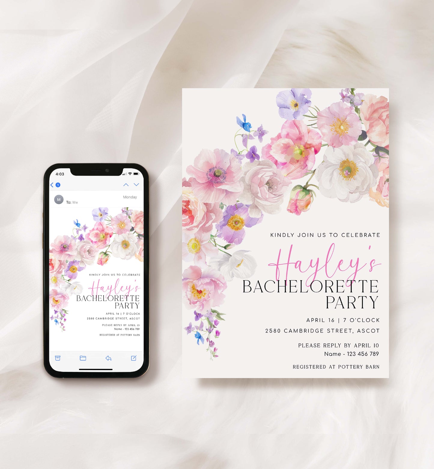 Bachelorette Party Invitation Template, Spring and Summer Wildflowers, Printable Blush Pink Spring Floral Bridal Shower Invite, Eloise