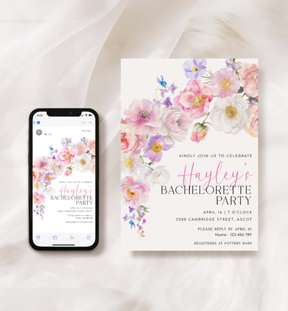 Bachelorette Party Invitation Template, Spring and Summer Wildflowers, Printable Blush Pink Spring Floral Bridal Shower Invite, Eloise