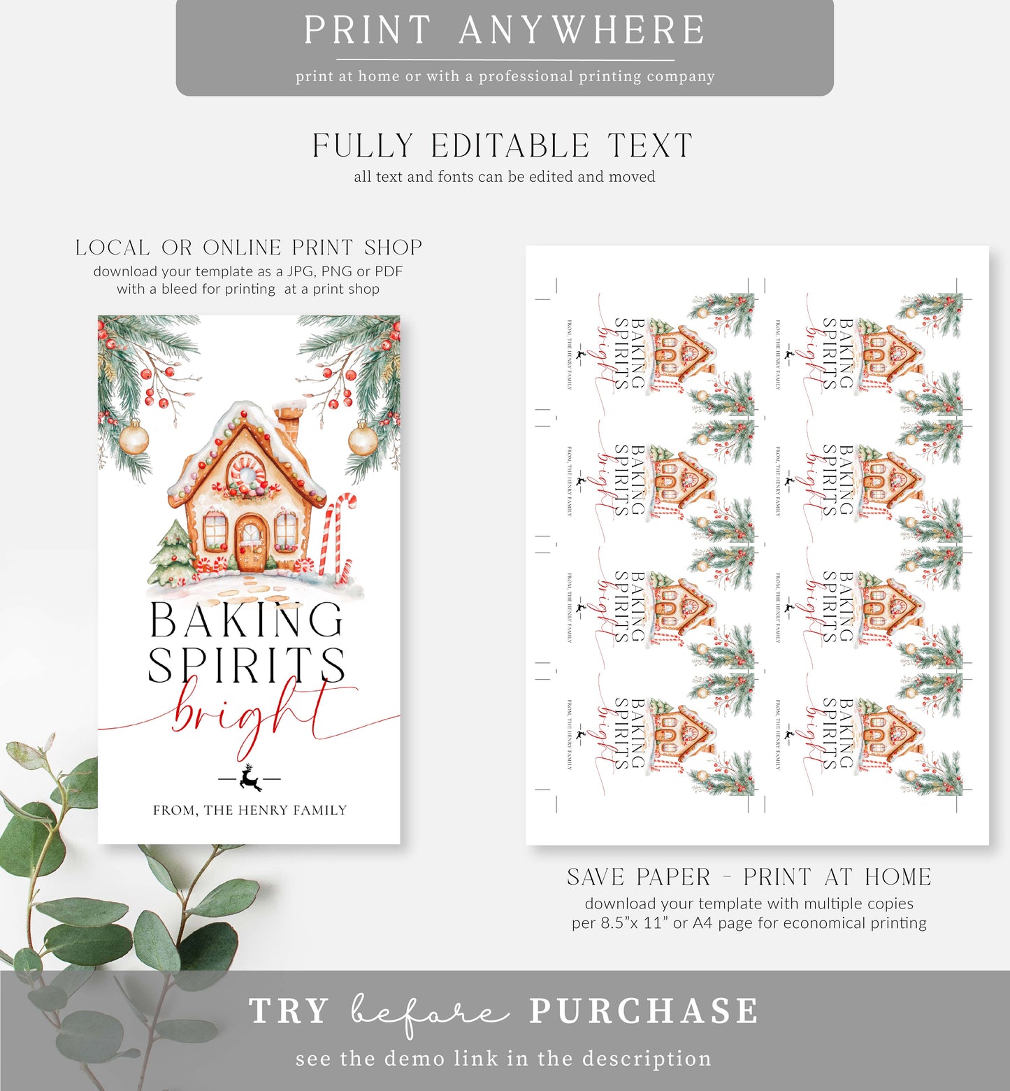 Gingerbread House | Printable Baking Spirits Bright Christmas Gift Tag Template