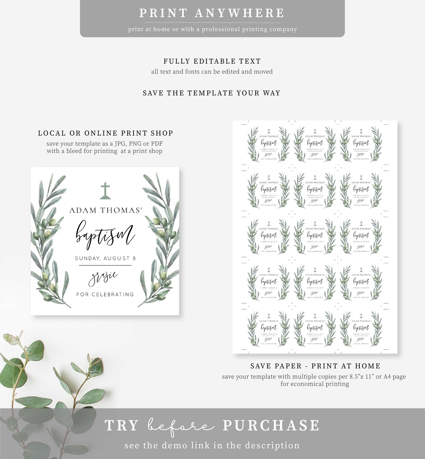 Olive Grove Green | Printable Baptism Favour Tags Template