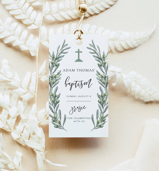 Printable Baptism Thank You Tag, Italian Olive Leaves Grazie Favor Tag Template, Boy Christening Thank You Favor Tag, Olive Grove