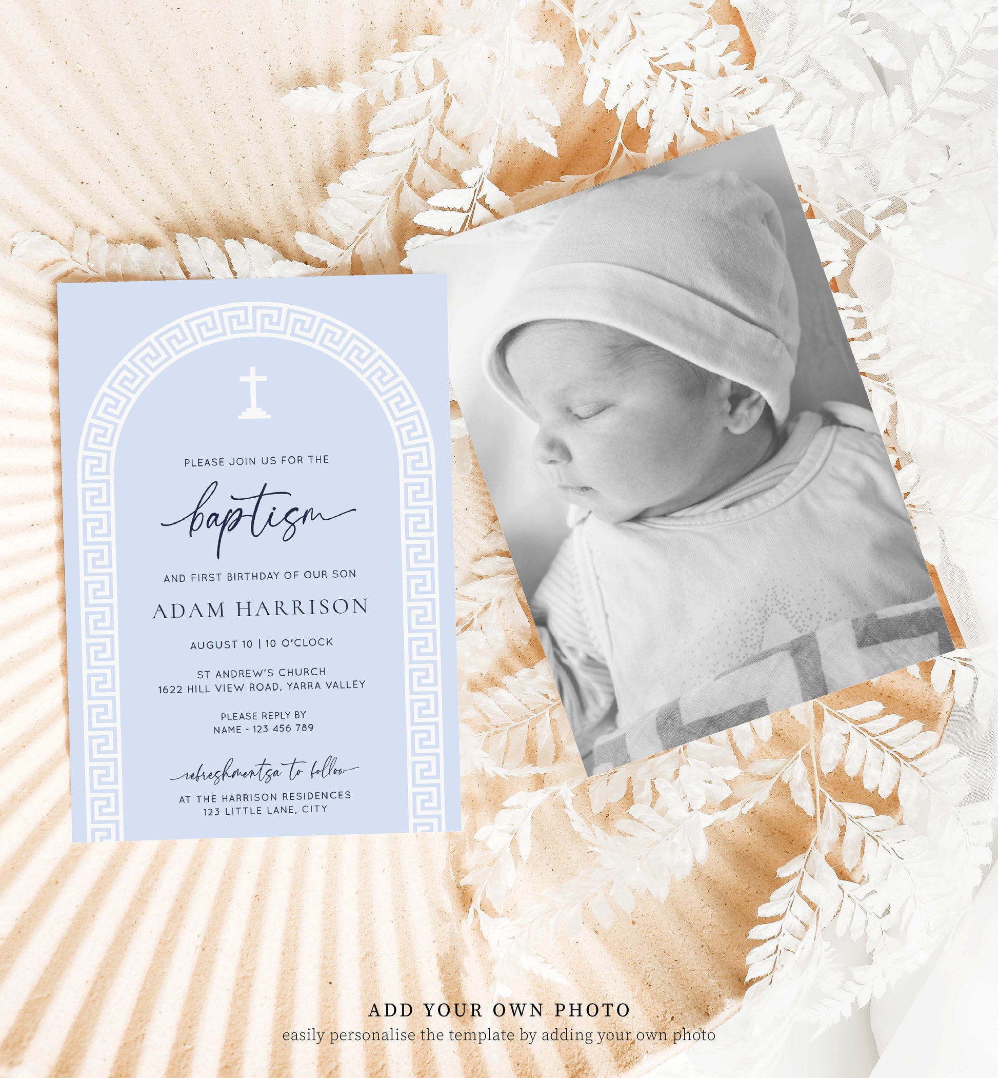 Printable Baptism Invitation Template, Greek Key, Arch, Blue Boy First Birthday Printable Invitation, Editable Christening Invitation