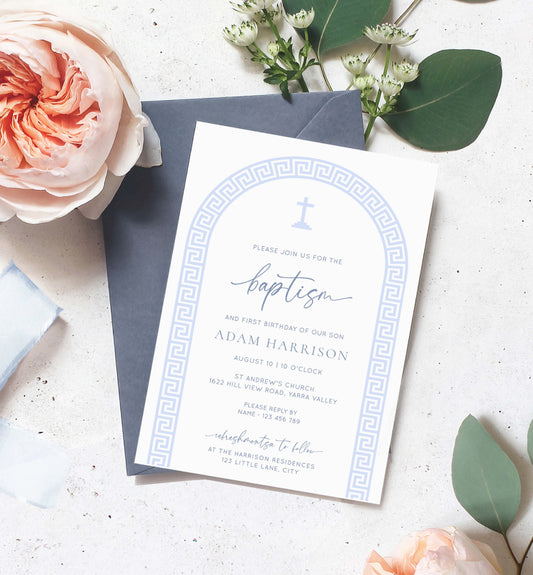 Printable Baptism Invitation Template, Greek Key, Arch, Blue Boy First Birthday Printable Invitation, Editable Christening Invitation