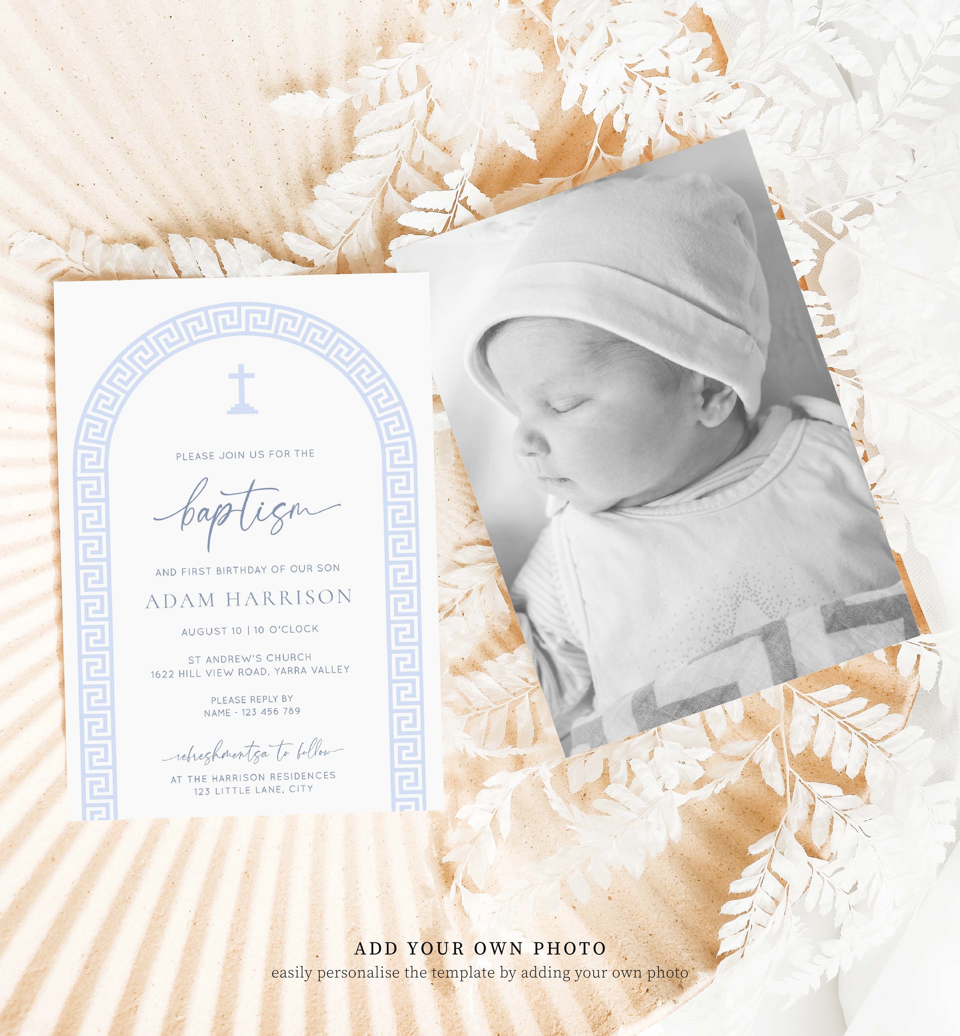 Printable Baptism Invitation Template, Greek Key, Arch, Blue Boy First Birthday Printable Invitation, Editable Christening Invitation